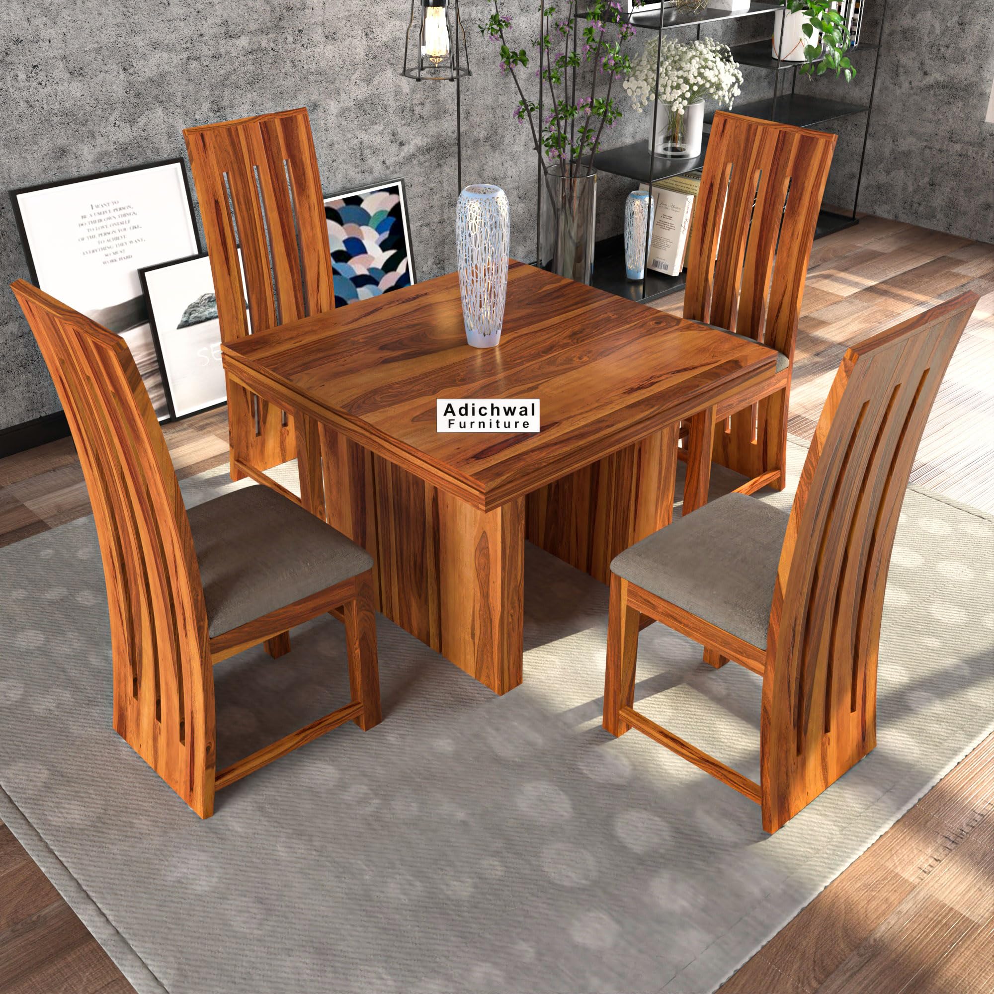 Adichwal Furniture Solid Sheesham Wood 4 Seater Dining Table Set With Cushioned Chairs For Dining Room | Living Room | Home & Of