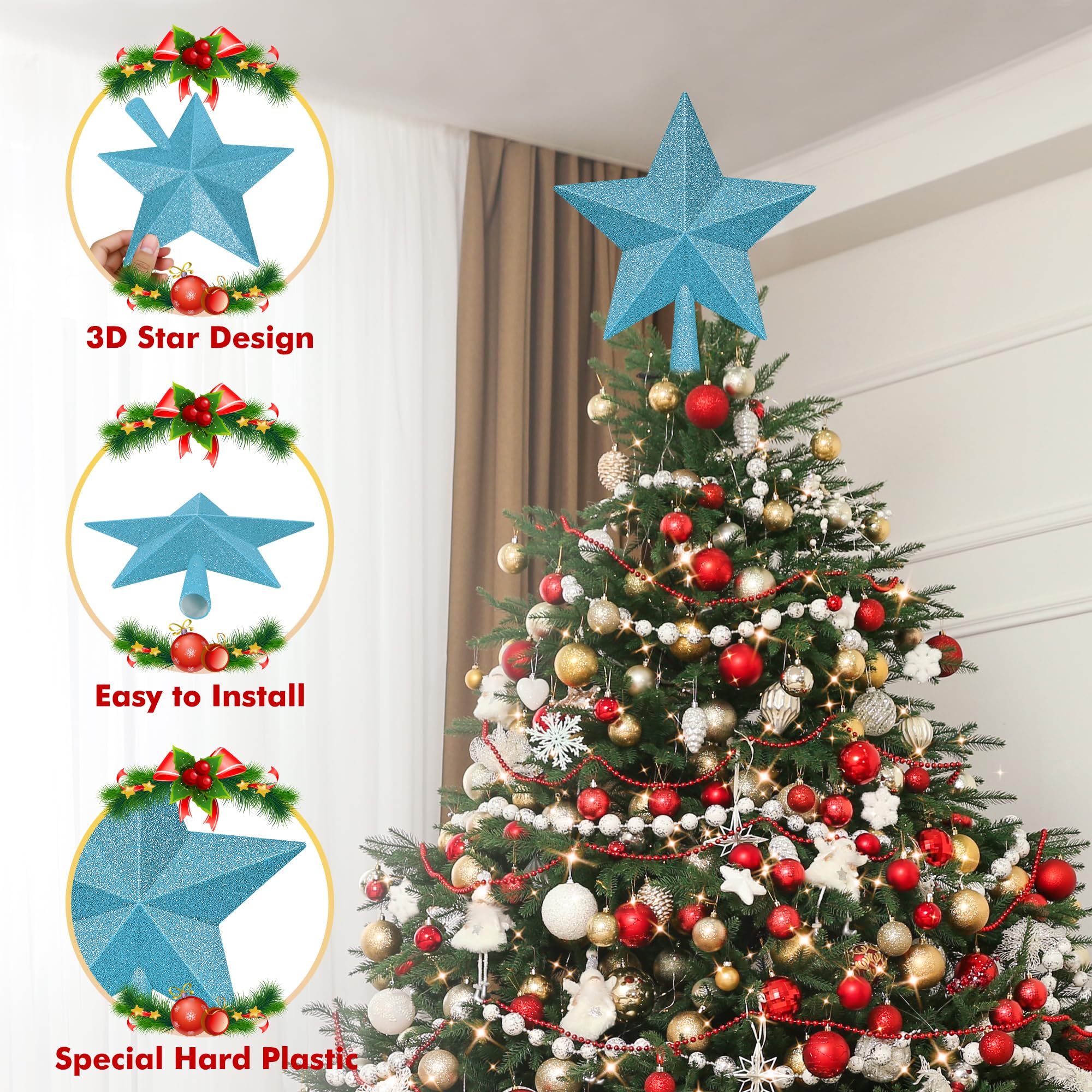 Christmas Tree Topper, Blue 10 3D Star Tree Topper Decorations, Large Christmas Tree Topper Bethlehem Star Ornament, Glitter Sha