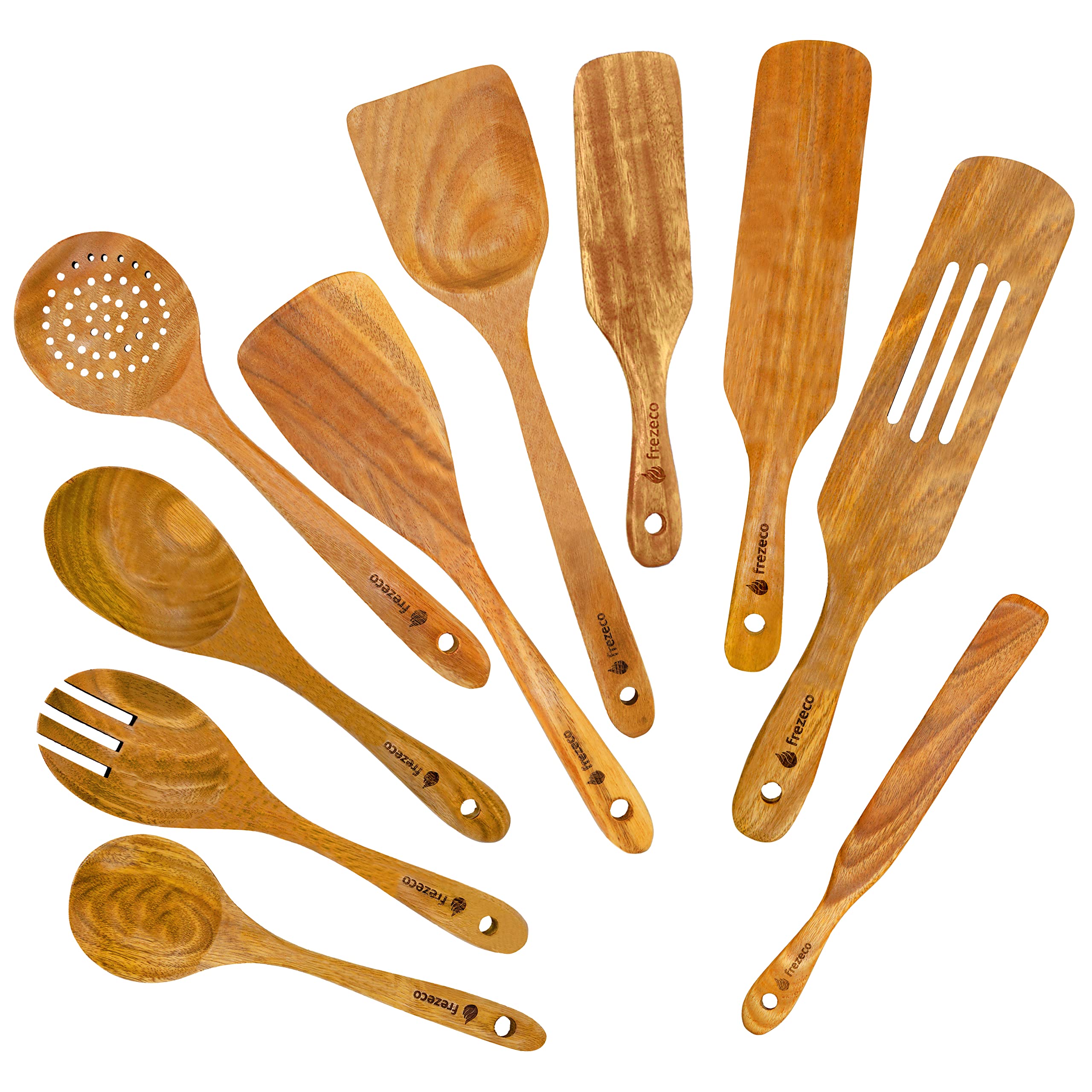 Wooden Kitchen Utensil Set — 10 Pcs of Different Wooden Spoons, Wooden Spatulas and Wooden Spurtles for Cooking in Nonstick Cookware-New Condition