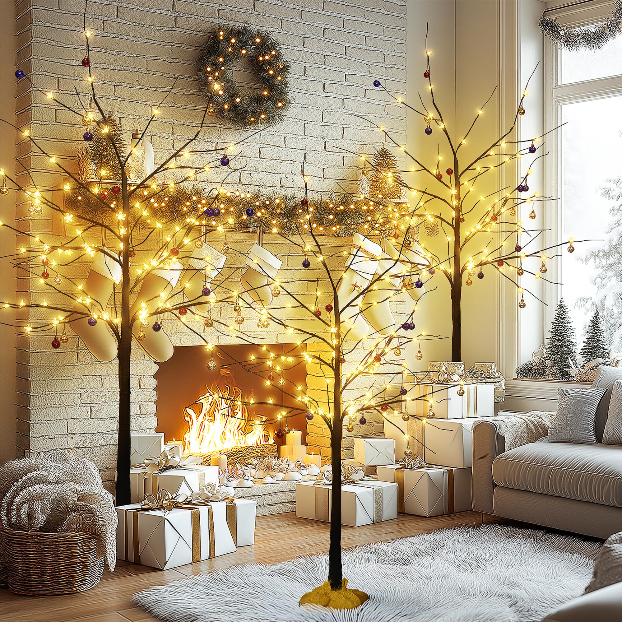 Lamerge Brown Lighted Birch Tree Set of 3, Christmas Decorations Birch Tree with Lights, Warm LED Cherry Blossom Light Tree for 
