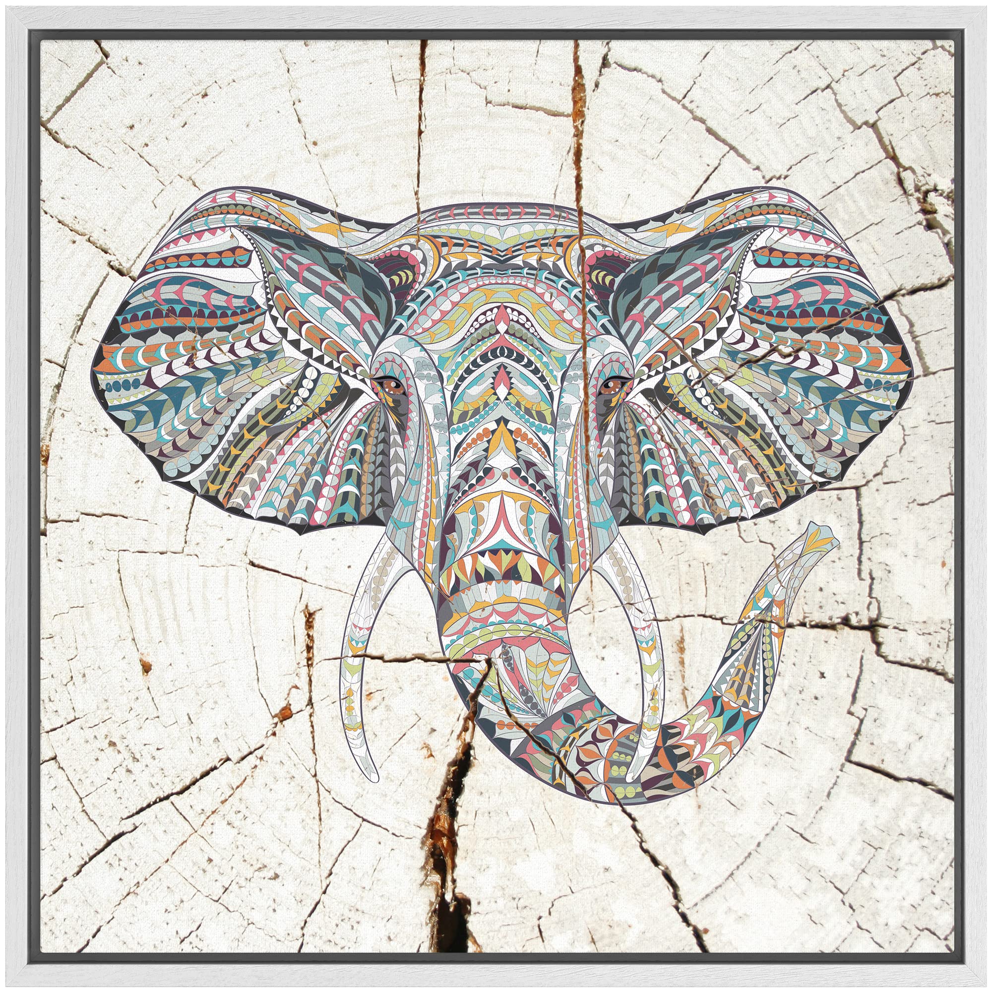 Wall26 Framed Canvas Print Wall Art Wood Ring Effect Tribal Pattern Elephant Animals Wildlife Wood Modern Art Farmhouse/Country