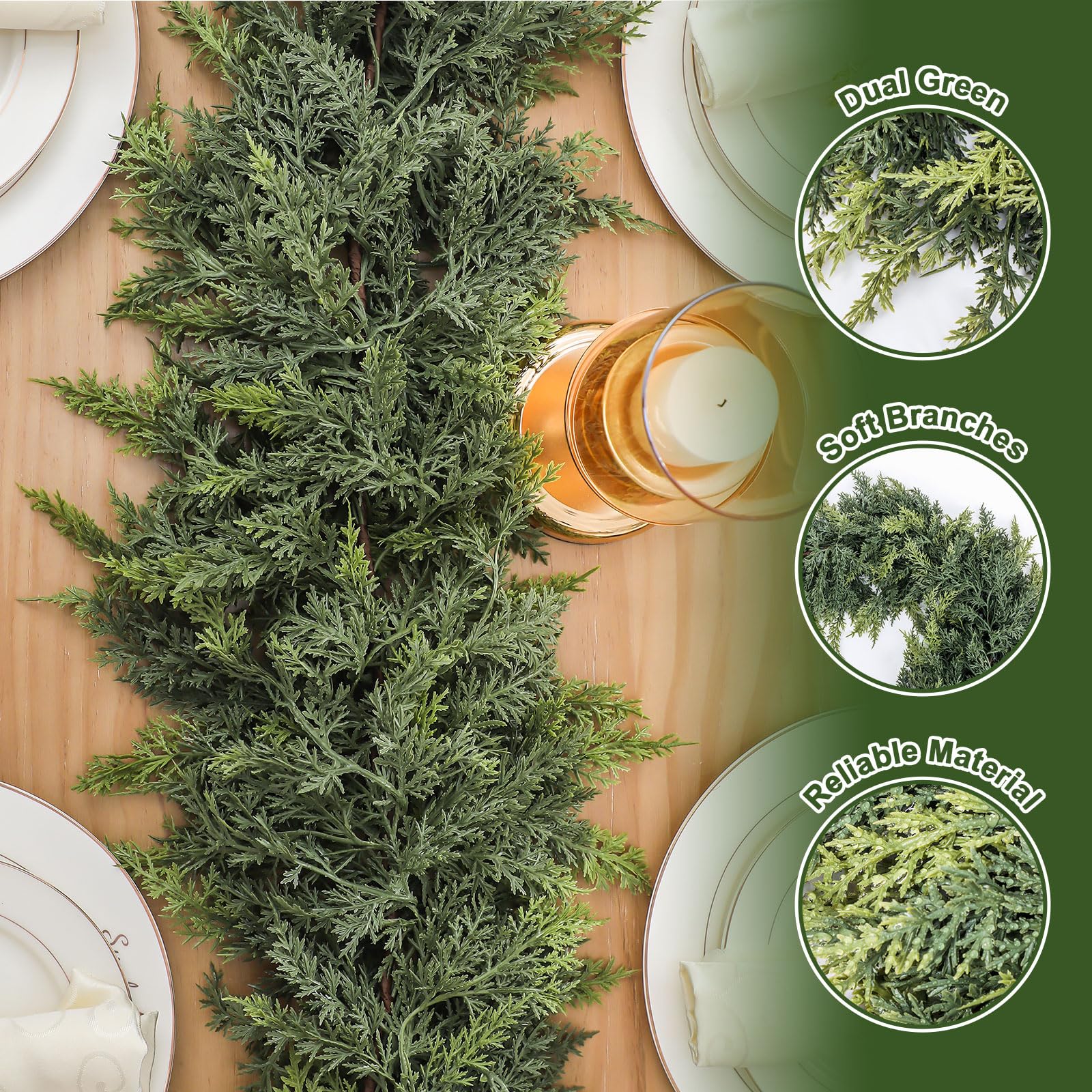 Jutom 2 Pcs 9 ft Christmas Cedar Garland - Dual Green Realistic Cedar Pine Needles Garland Artificial Decoration for Table, Mant