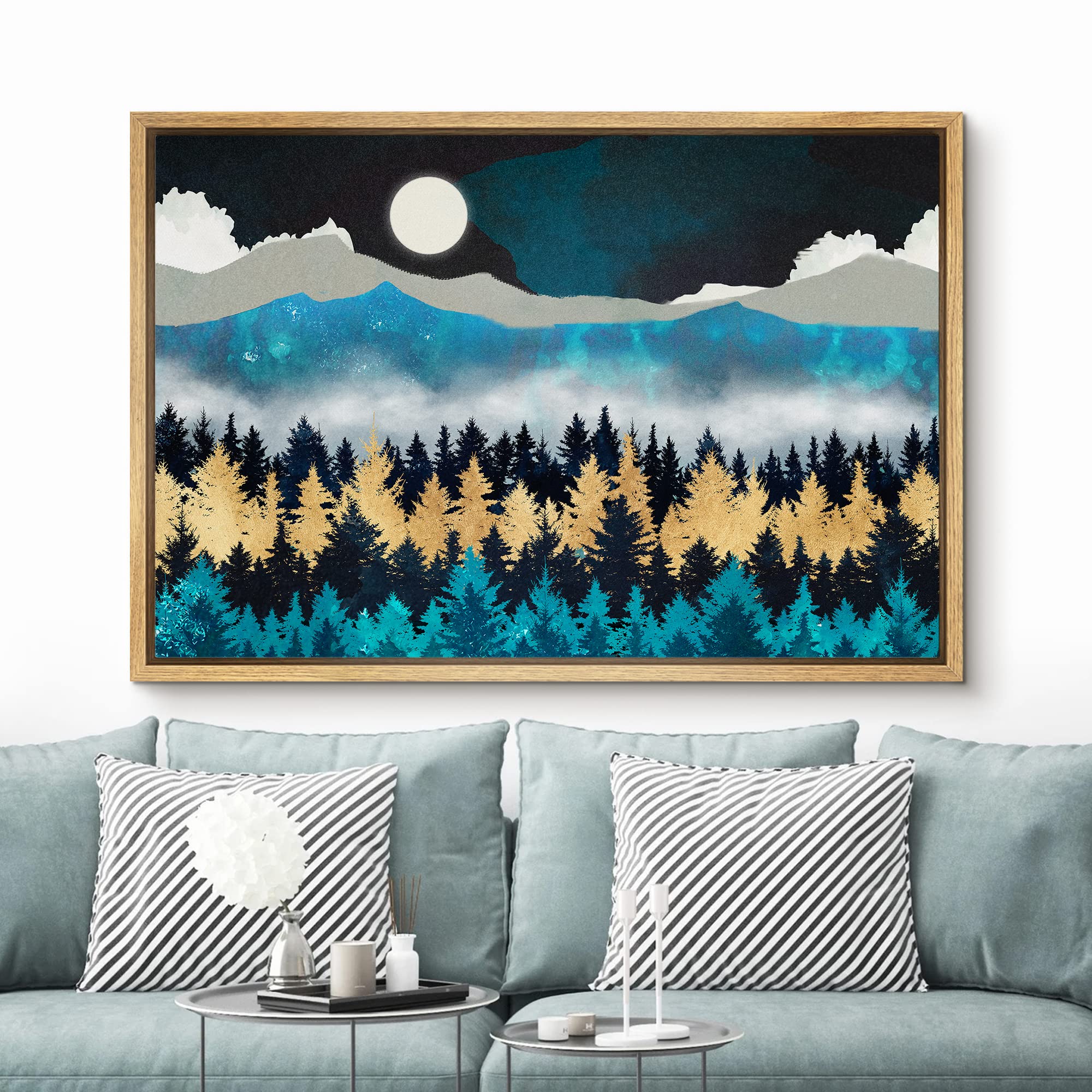 Signford Framed Canvas Print Wall Art Woodland Nursery Decor Teal Granite Mountain Range Forest Nature Wilderness Modern Art Rus
