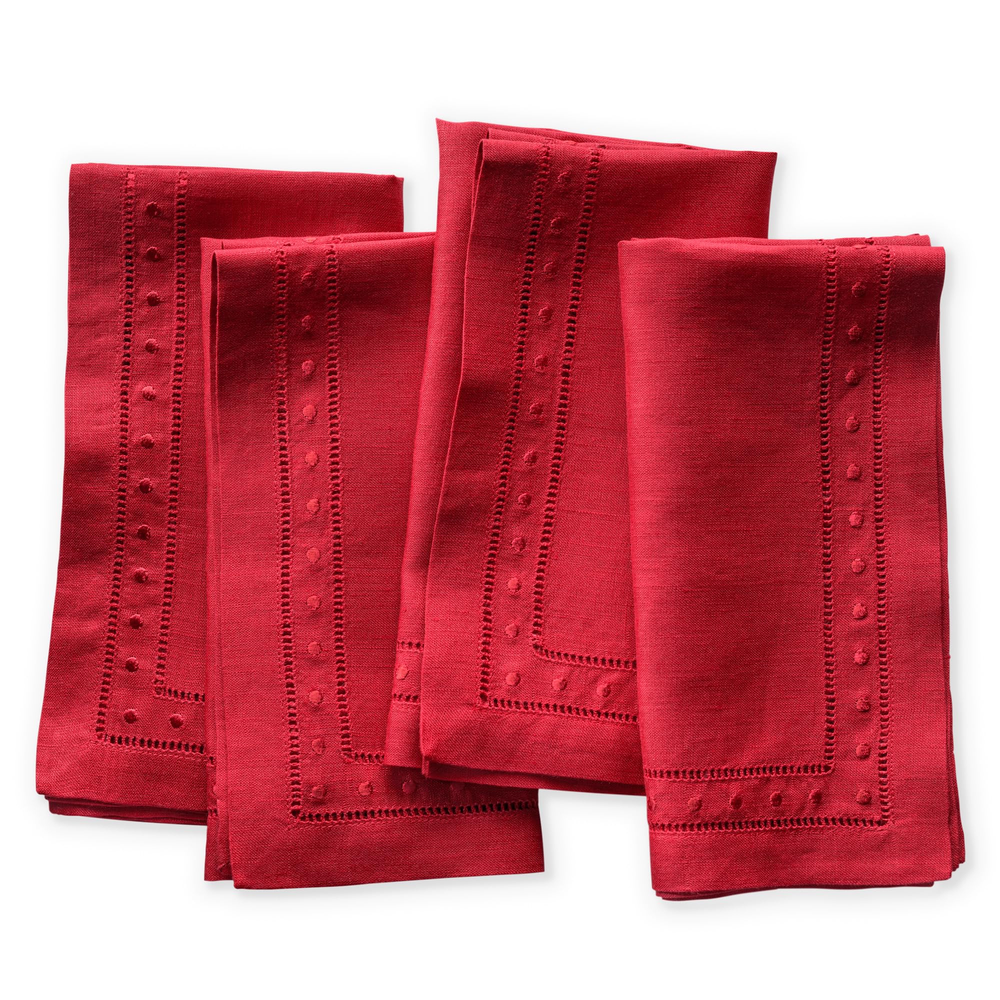 Linen Napkins Set Of 4-100% Pure Linen Red Embroidered Dinner Napkins - Hemstitch Cloth Napkins Washable For Valentines Day