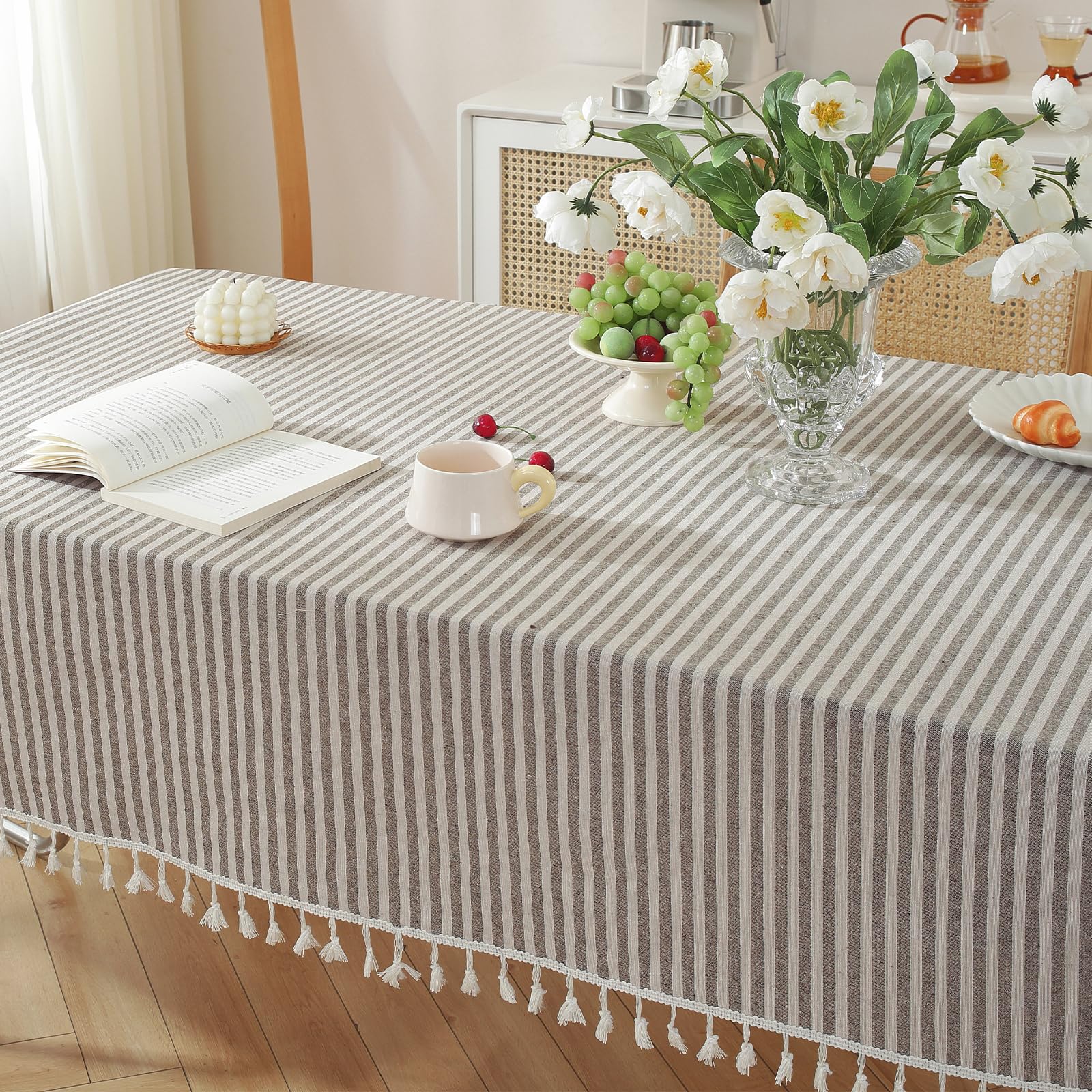 Meioro Table Cloth Coffee Brown Striped Tablecloth Tassels Cotton Linen Dust-Proof Table Cover For Dining Coffee Buffet Kitchen