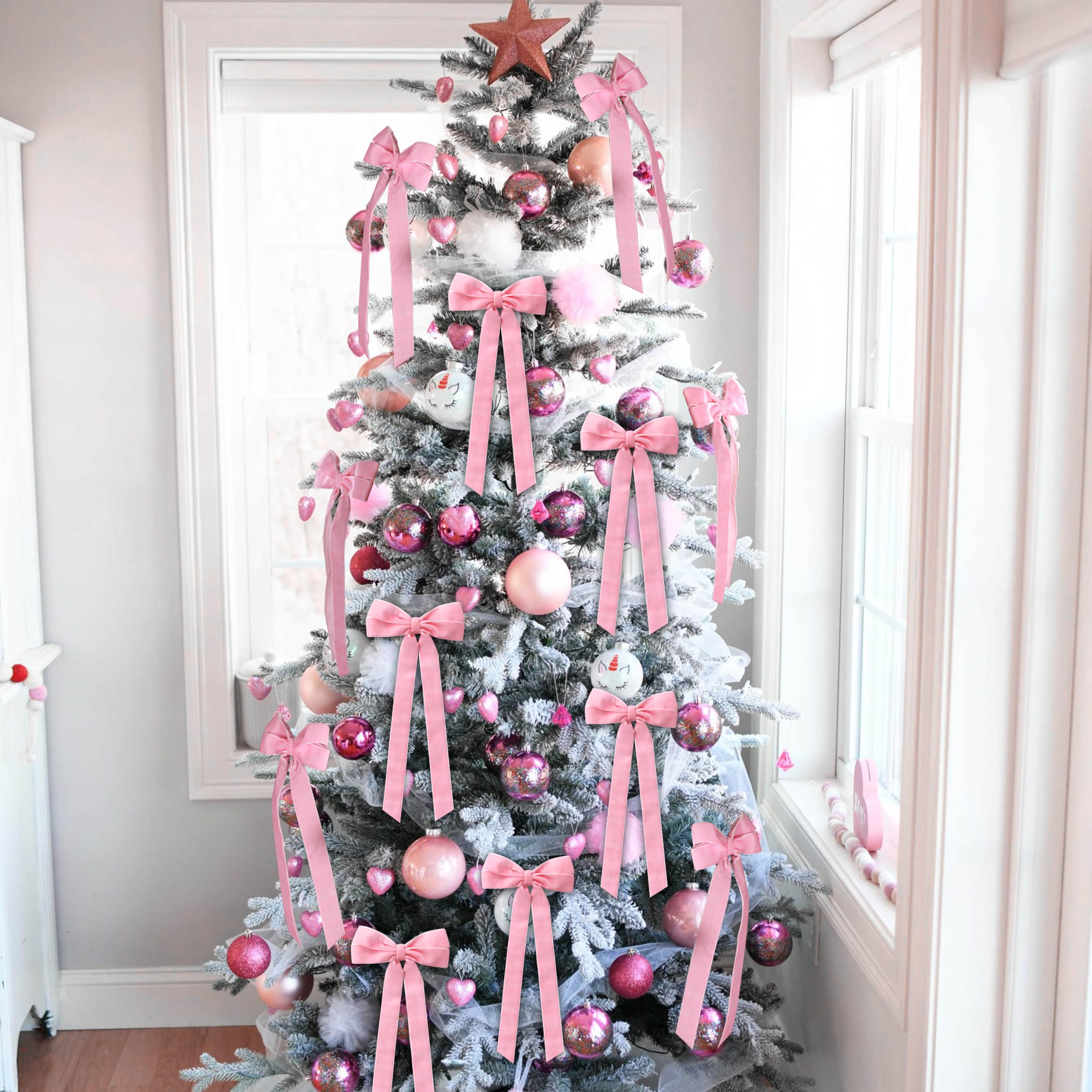 12Pcs Pink Velvet Bows Christmas Tree Decorations,5in x 10in Xmas Ornaments for Tree Home Coquette Room Birthday Party Front Doo