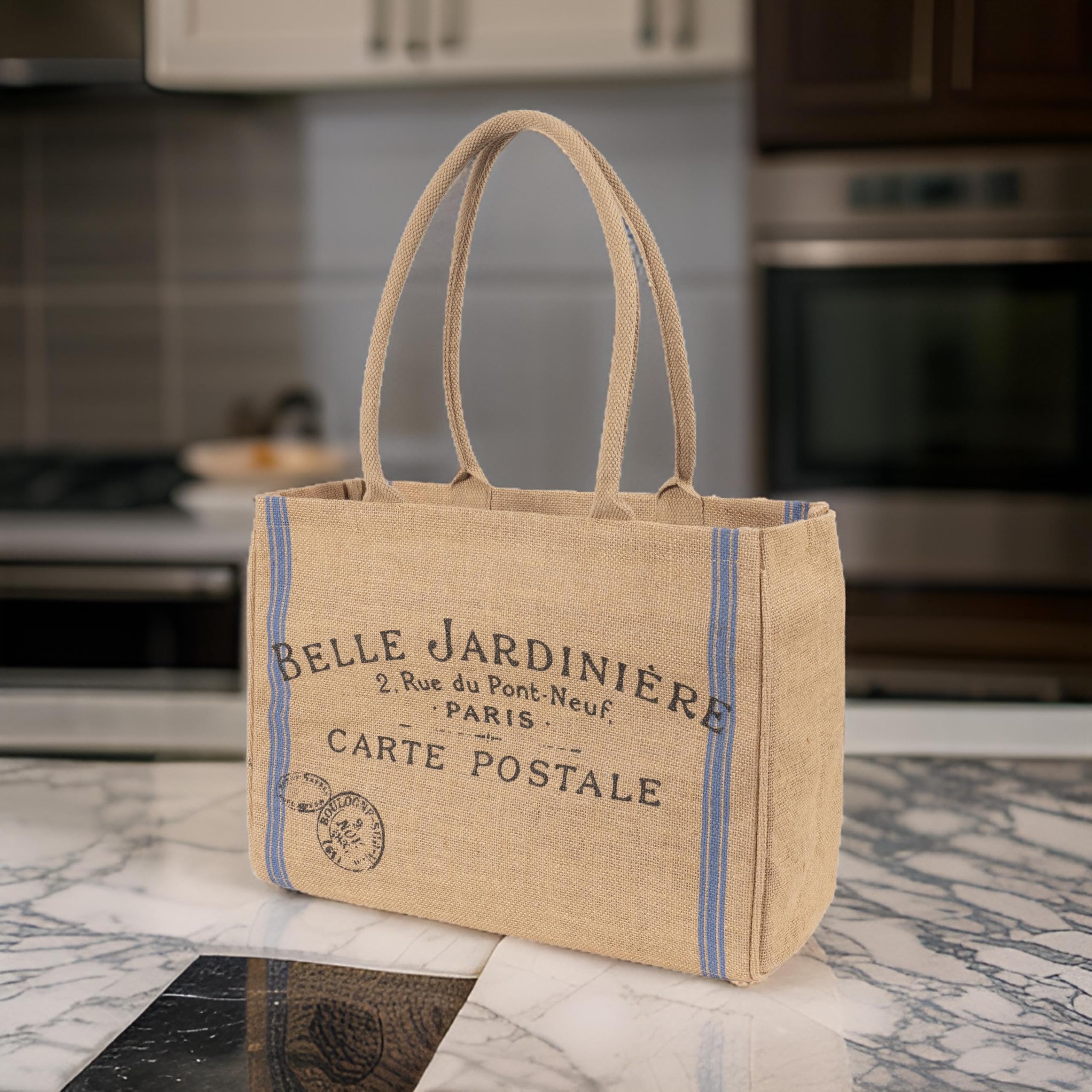 Kaf Home Jute Market Tote Bag, Belle Jardiniere Print, Durable Handle, Reinforced Bottom And Interior Zipper Pocket
