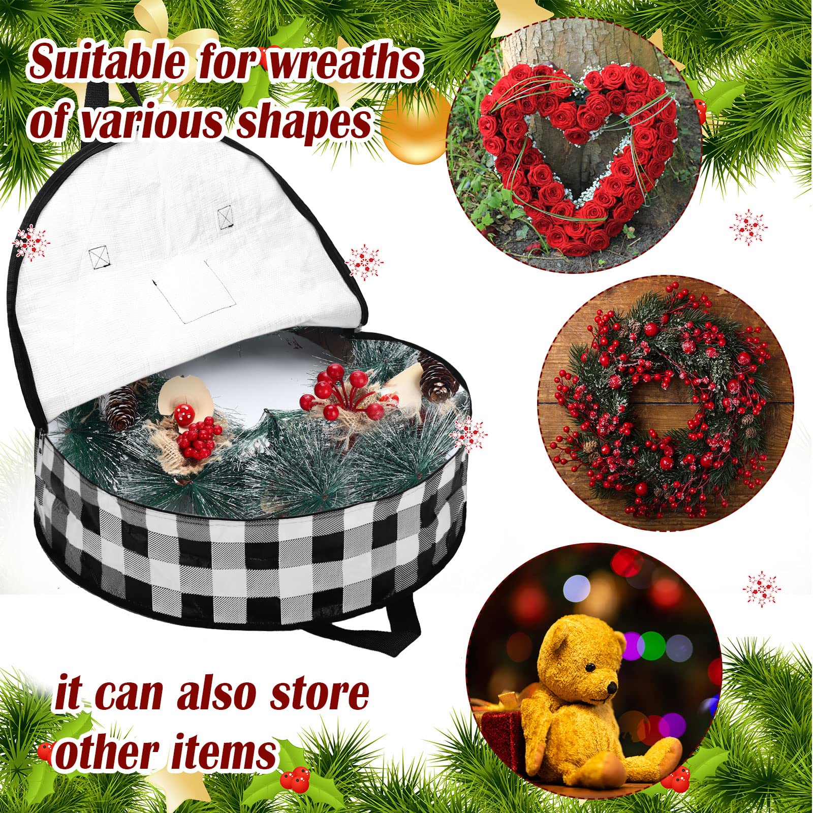 Sadnyy 4 Pcs Christmas Wreath Storage Bag 24 Inch&30 Inch Large Wreath Storage Container Buffalo Plaid Garland Container Waterpr