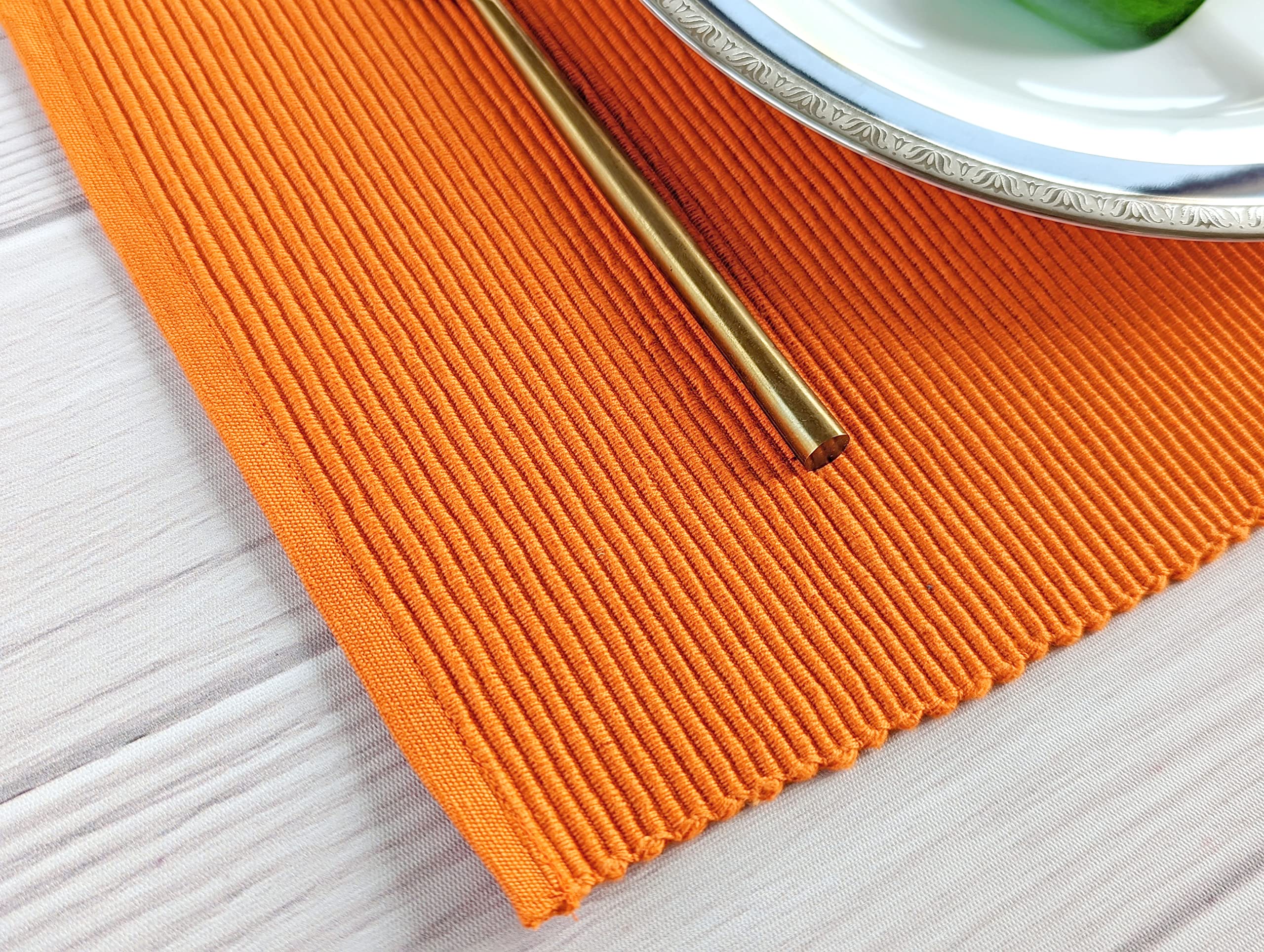Avka Studio 100% Cotton Ribbed Placemats - Set Of 6-13 X 19 Inches - Orange - Everyday/Fall/Thanksgiving/Halloween Cloth Table M