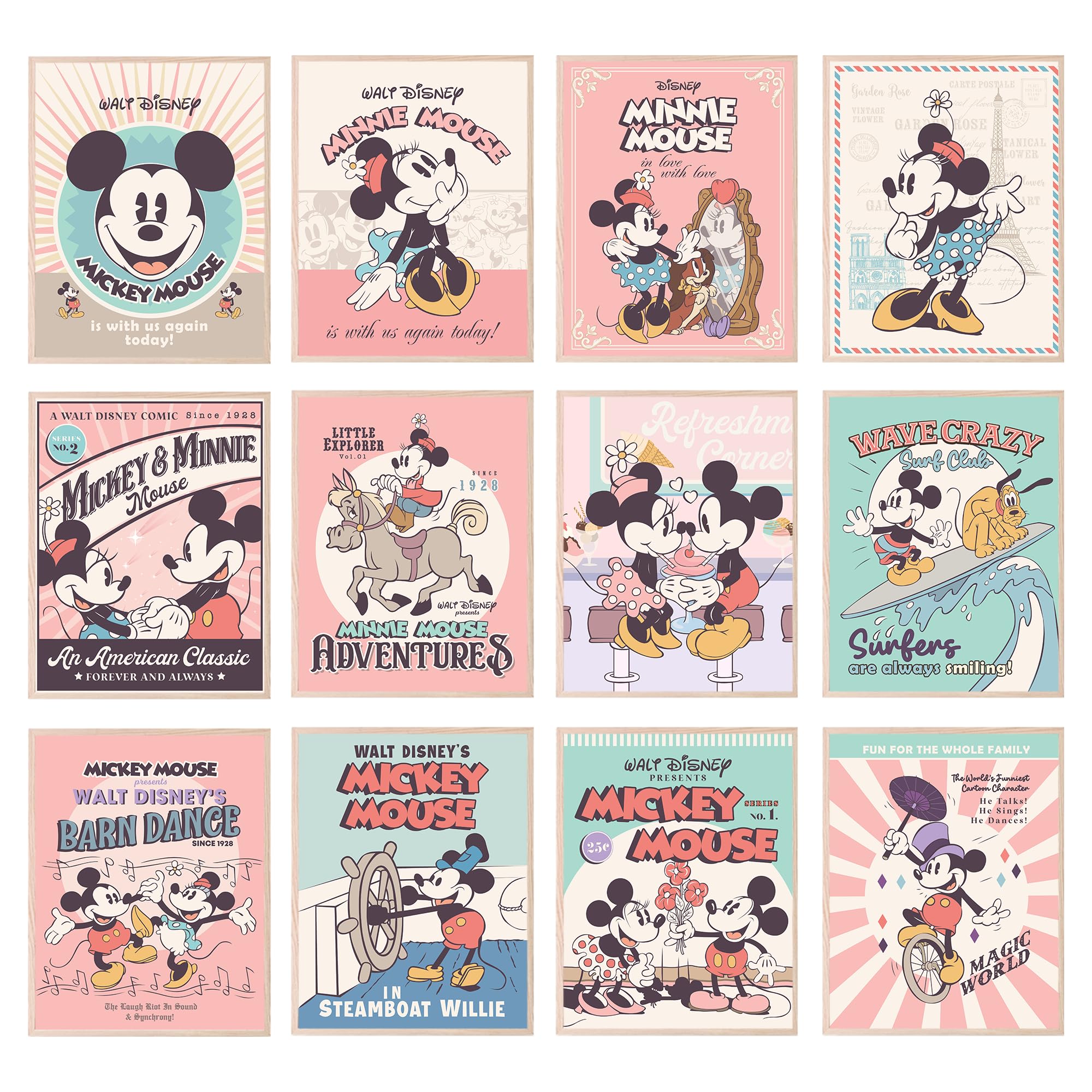 BigWig Prints Mickey Mouse Wall Decor, Minnie Mouse Decor, Minnie Room Posters, Mickey Artwork - Unframed Set Of 12 (8x10   )