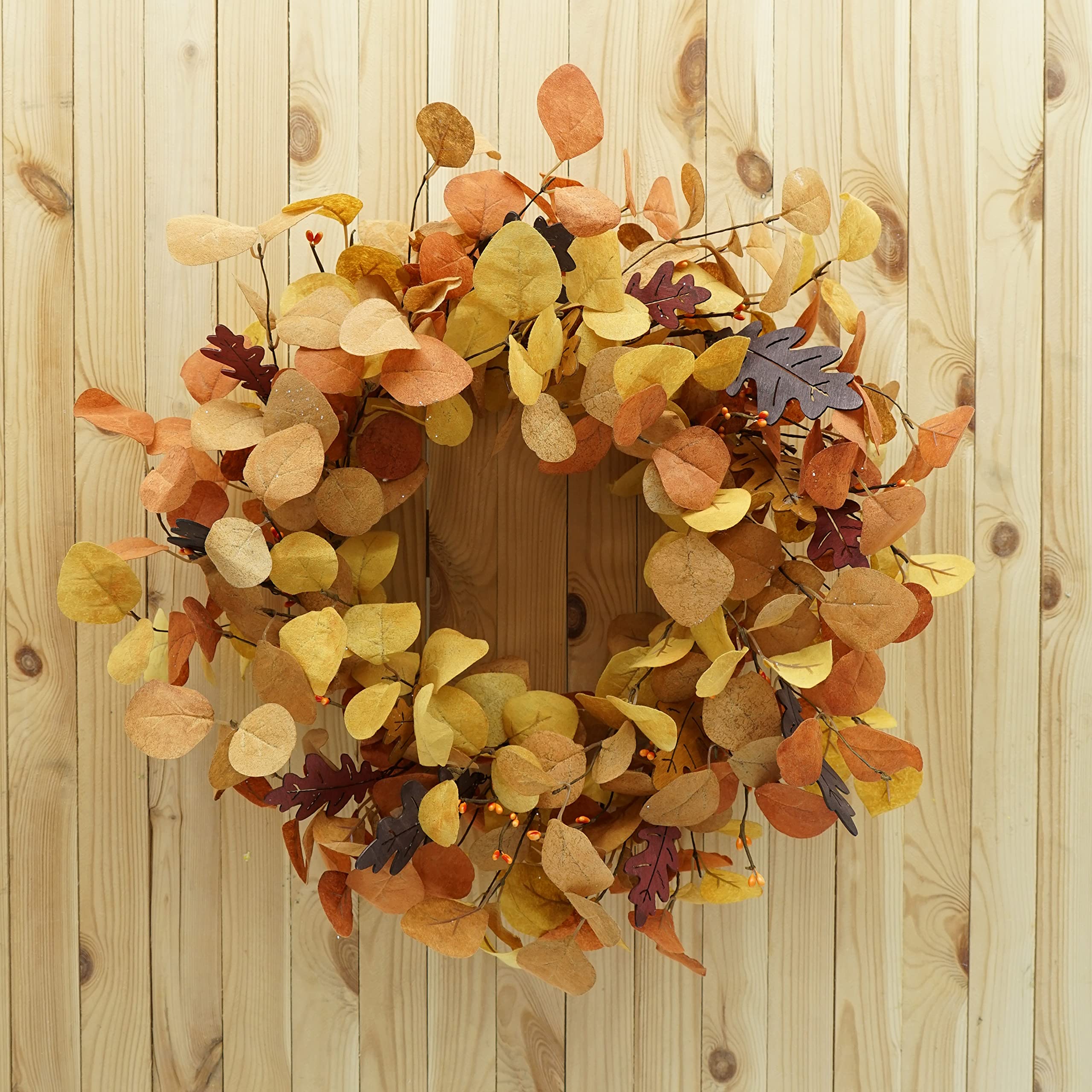 AMF0RESJ Artificial Fall Wreath for Front Door Autumn Eucalyptus Wreath with Orange Eucalyptus Leaves,Woodern Oak Leaves for Far