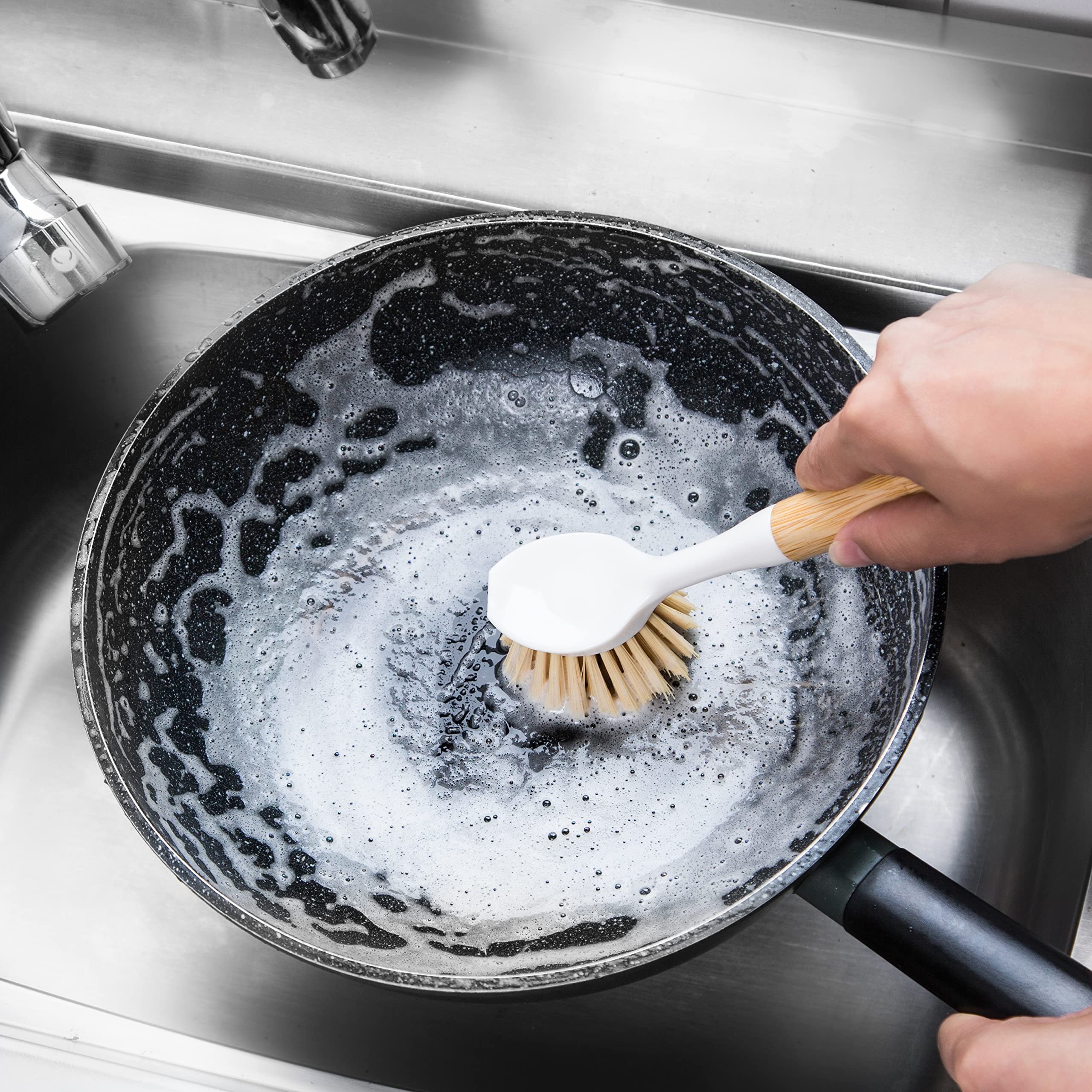 Funcee 2 Pack Kitchen Dish Brushes With Bamboo Handle, Dish Scrubber Built-In Scraper, Scrub Brush For Pans, Pots, Counter & Kit