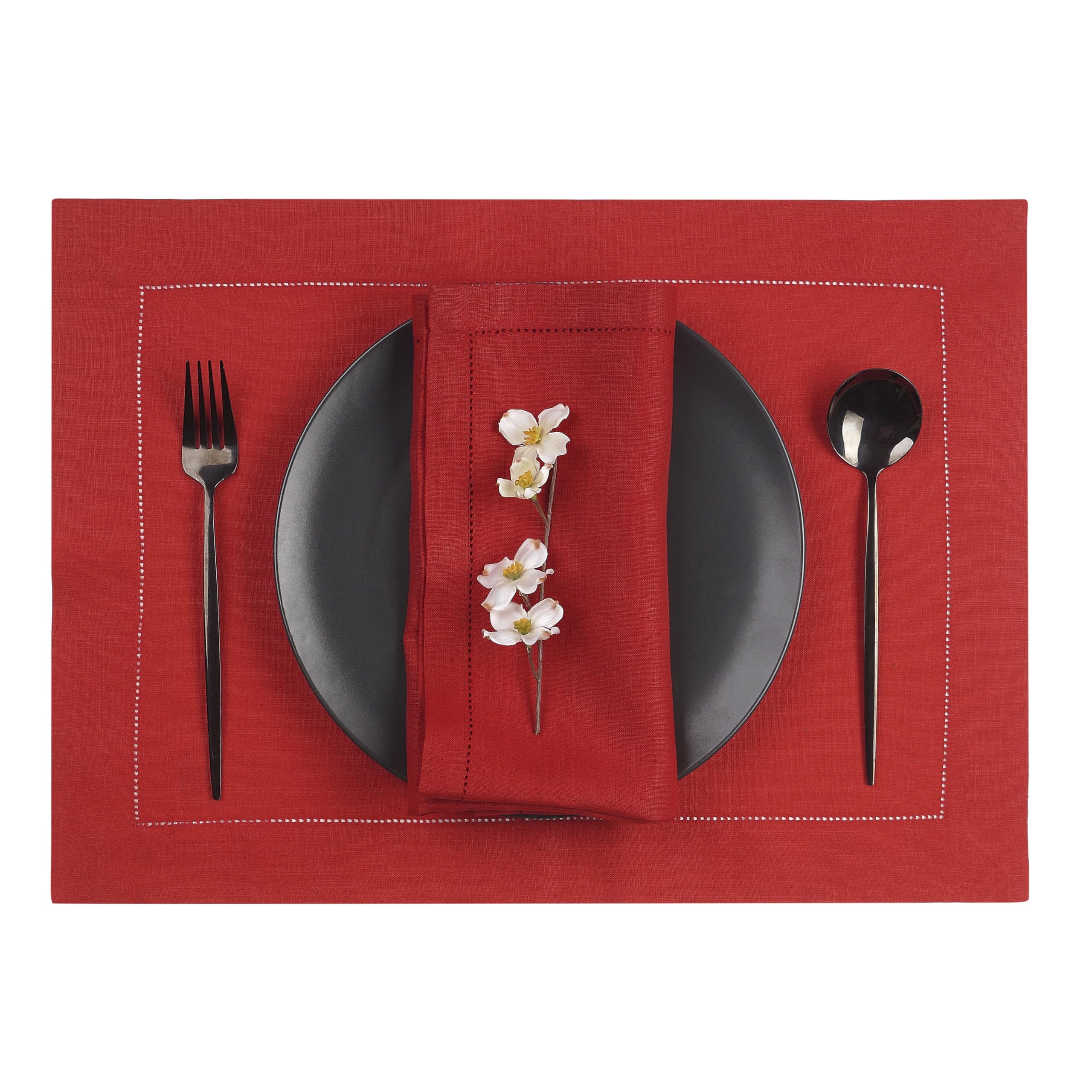 D'Moksha Homes Linen Placemats Set Of 8-100% Pure Linen Bright Red Placemats 14 X 19 Inch - Classic Hemstitch, Washable Bright R