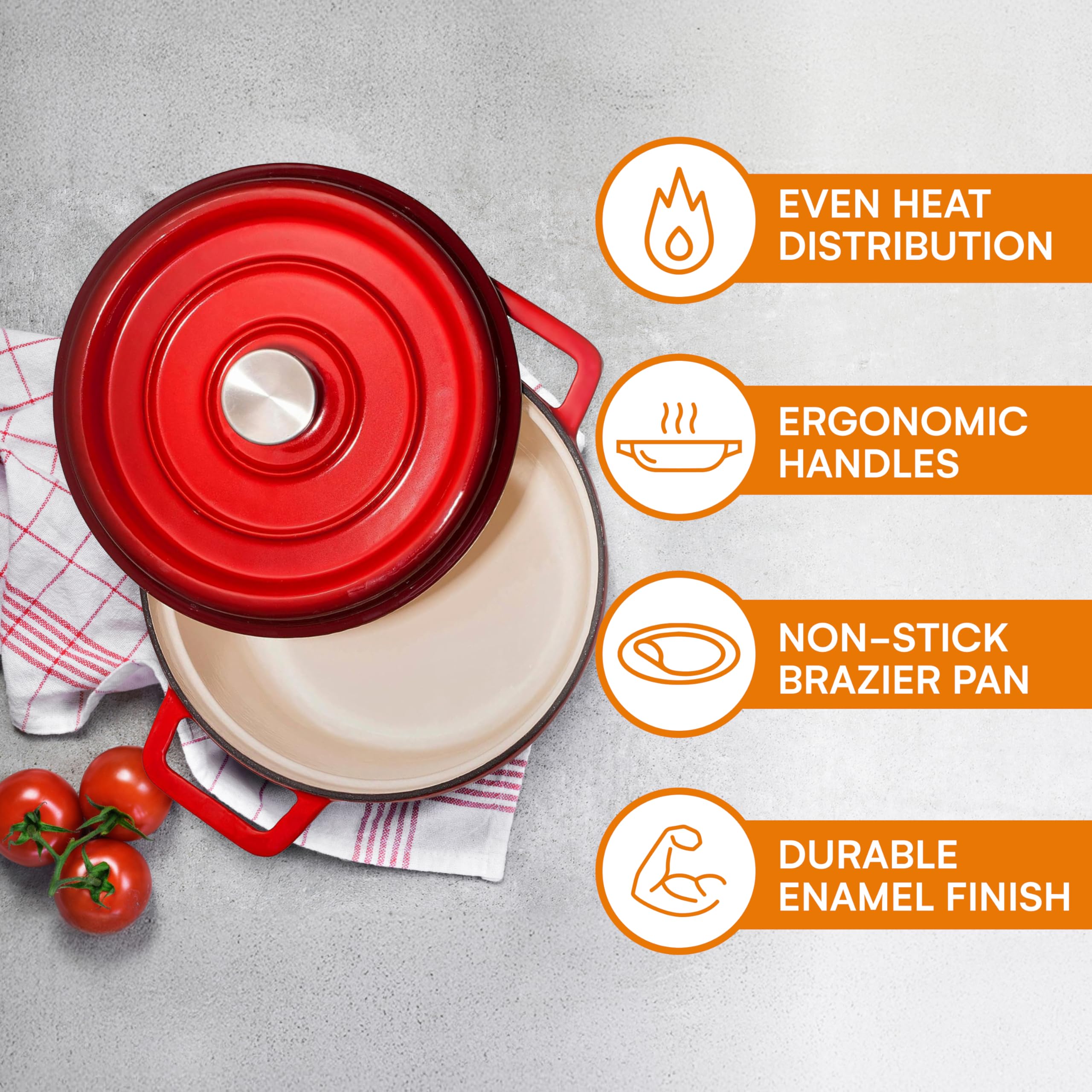 Bruntmor Pre-Seasoned Enameled Cast Iron Dutch Oven With Lid And Handle - 5.2 Quart Heavy Duty Casserole Dish For Cooking, Bakin