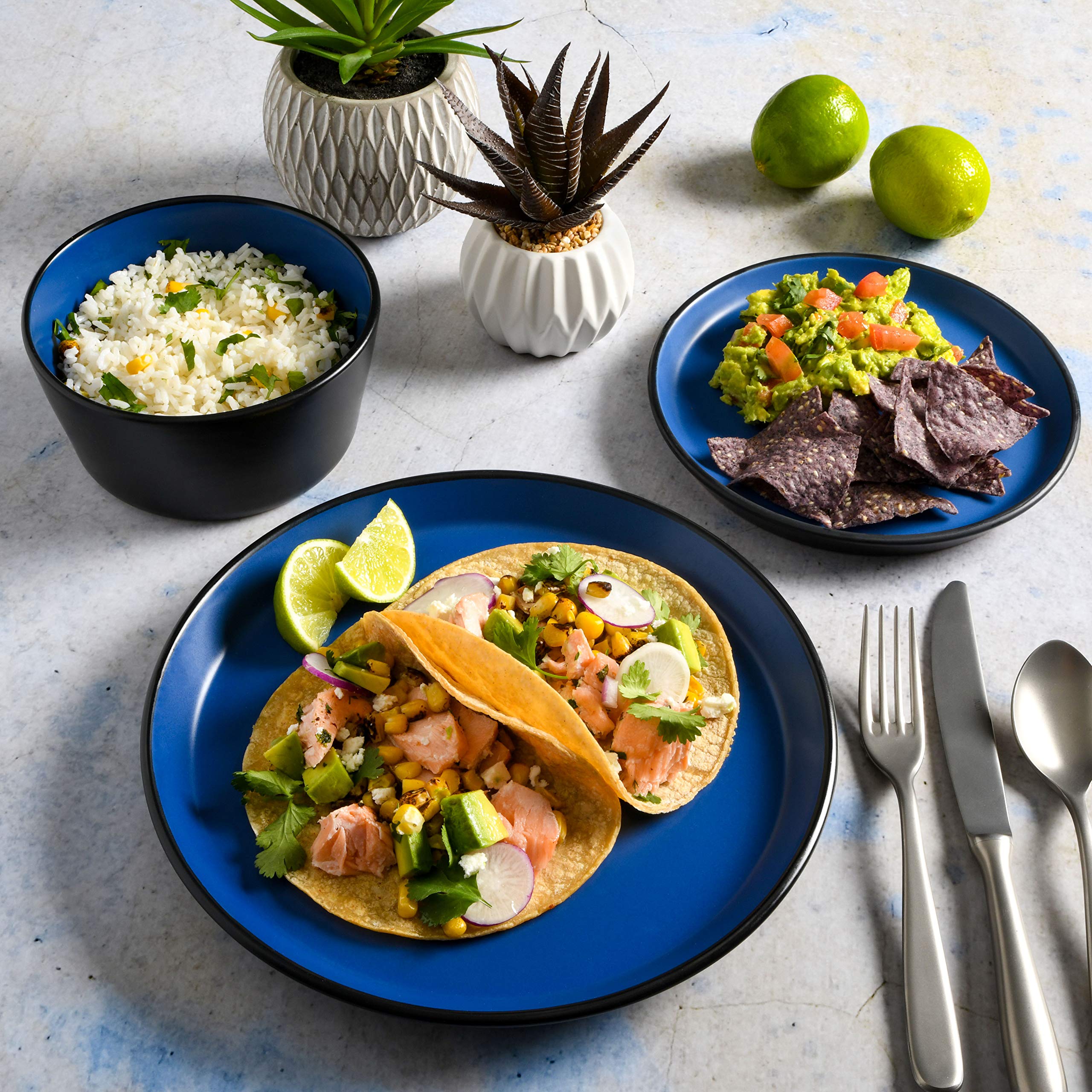 Gibson Soho Lounge Sofia Coupe Stoneware Dinnerware Set, Service for 4 (12pcs), Matte Blue