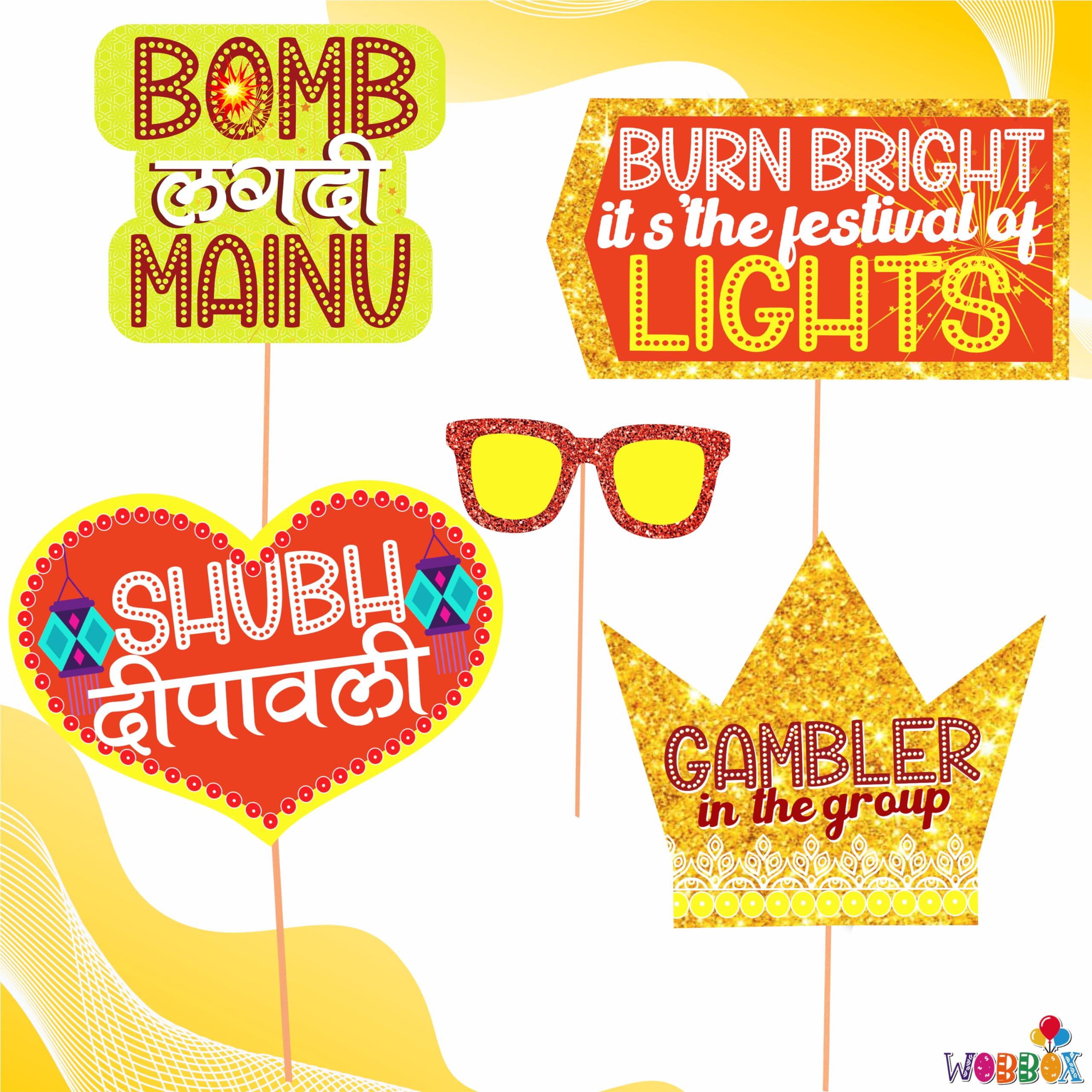 WOBBOX Diwali Decoration Happy Diwali Photo Booth Party Props, Yellow & Orange Colour, Diwali Decoration Item, Diwali Dcor Items