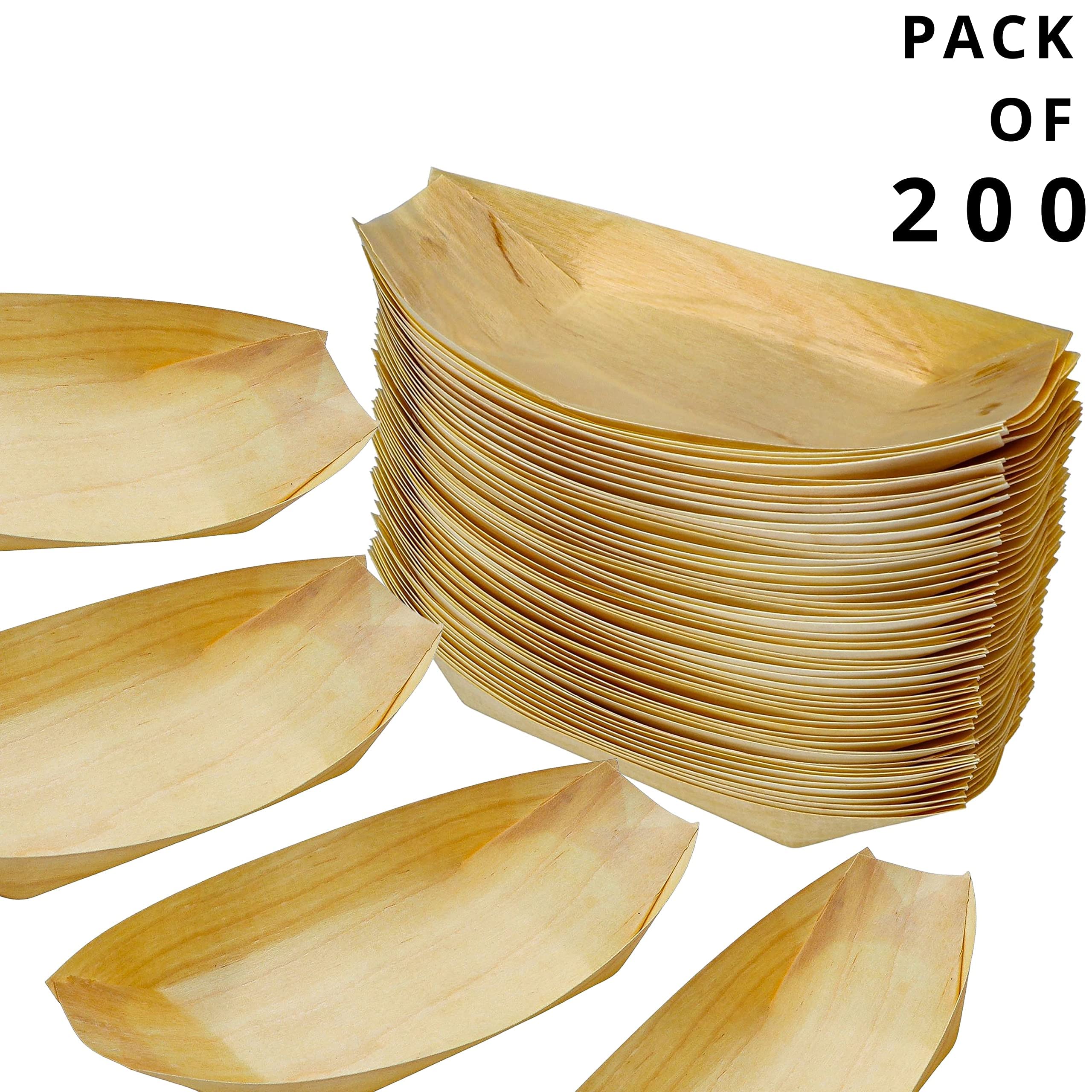 Snowkingdom 200 Pack 5'' Disposable Wood Boat Plates Dishes Better Than Bamboo Biodegradable Eco Friendly Party Sushi Plates
