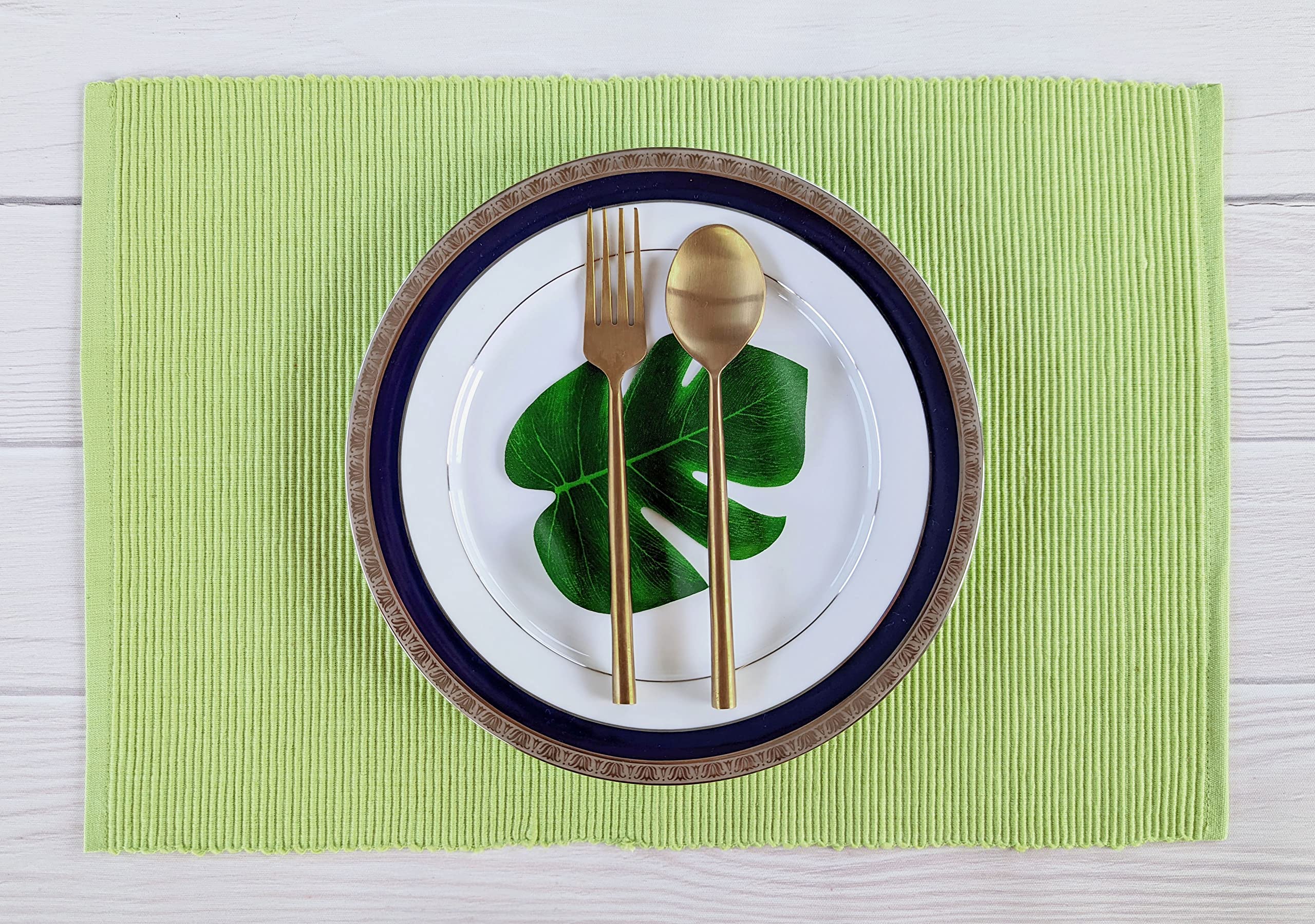 Avka Studio 100% Cotton Ribbed Placemats - Set Of 8-13 X 19 Inches - Light Lime Green - Everyday Cloth Table Mats - Thick Constr