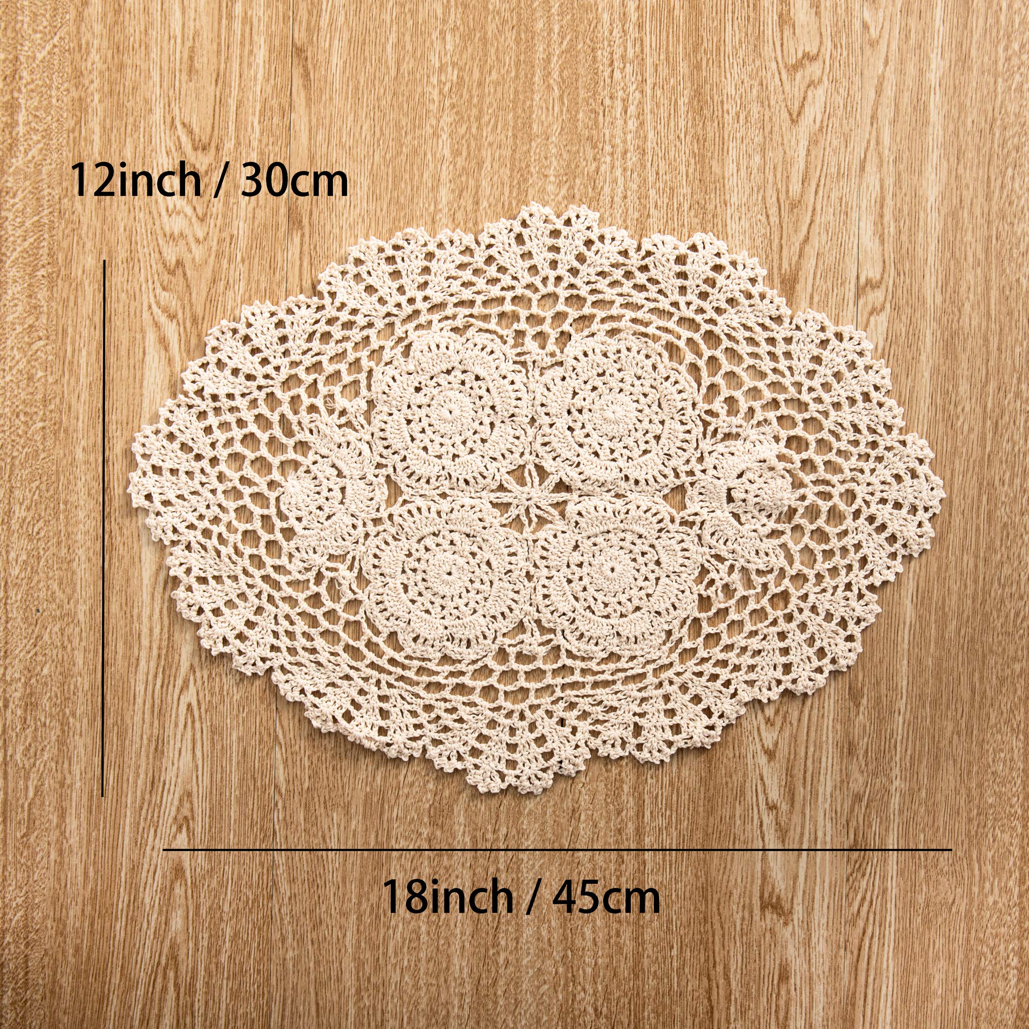 Eiyye 2-Pieces Handmade Cotton Crochet Doilies Oval Lace Table Placemats 12 X17Inch, Beige