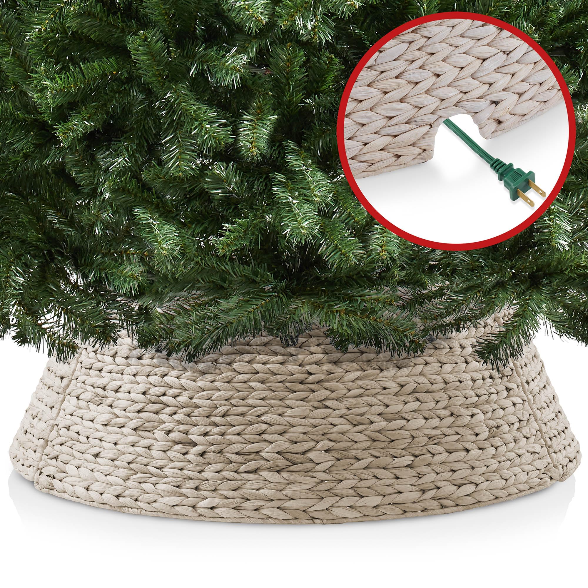 Casafield 42-Inch Christmas Tree Collar, Woven Water Hyacinth Tree Base Cover with Cord Cut Out, Whitewash