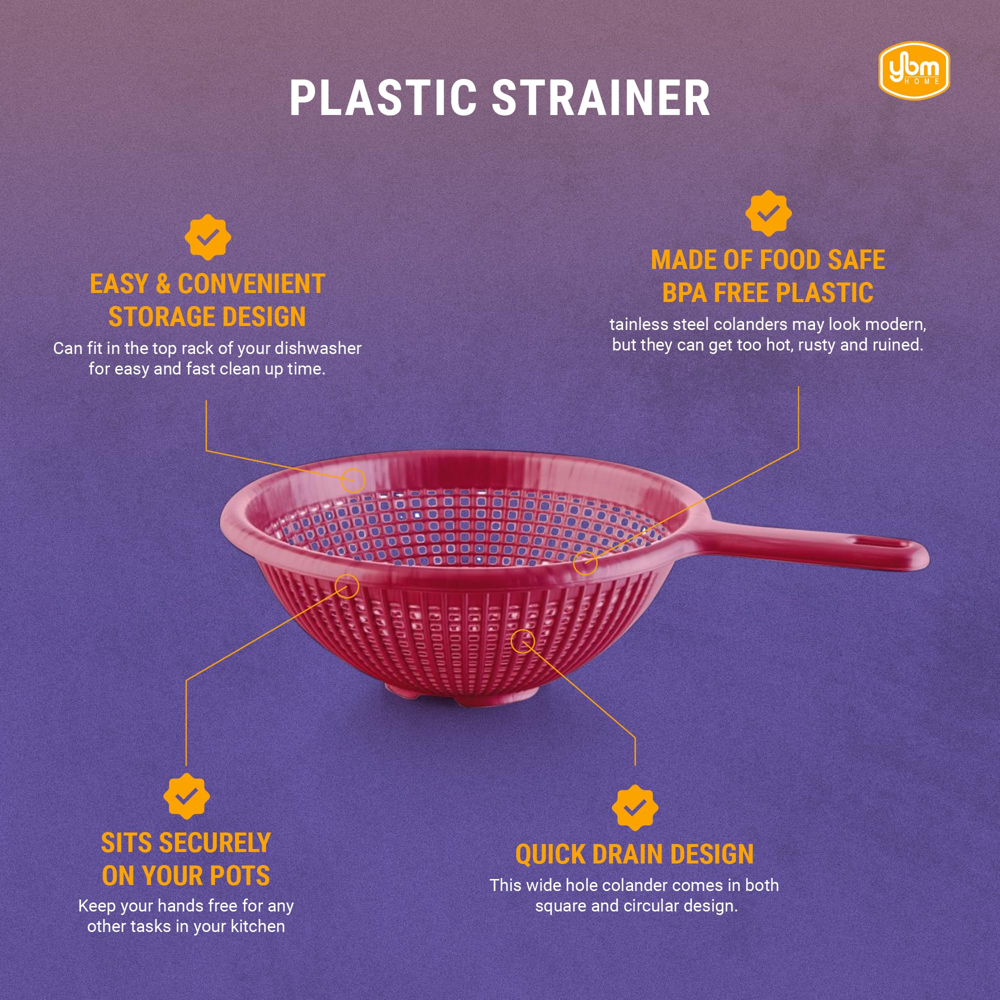 Ybm Home 8.5 Inch Deep Plastic Strainer Colander With Long Handle - Made Of Food Safe Bpa-Free Plastic - Durable And Dishwasher