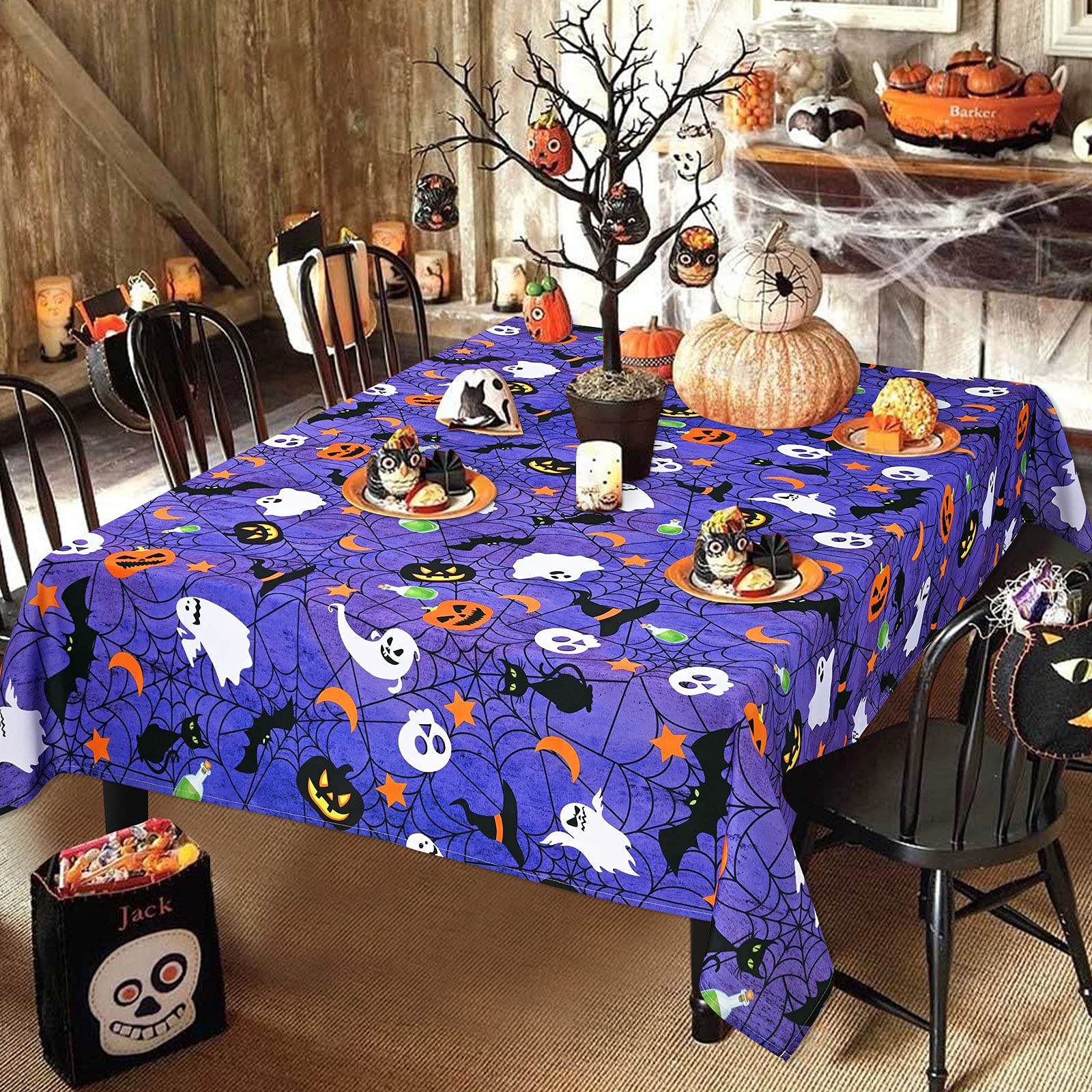 Halloween Tablecloth, Spider Web And Pumpkin Table Cloth, Bat Cobweb And Ghost Waterproof Tablecloths, Spillproof Tablecover For