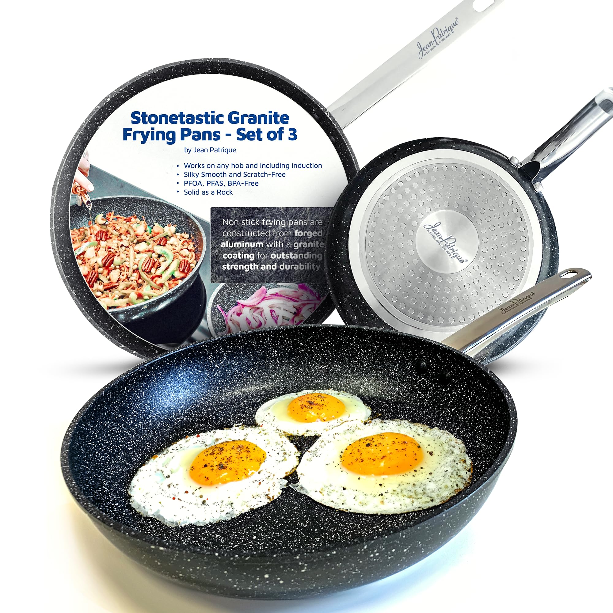 Jean-Patrique Granite Non Stick Frying Pans - Stainless Steel Pan Set Of 3 - Induction Omelet Pan - Induction Cookware For All T