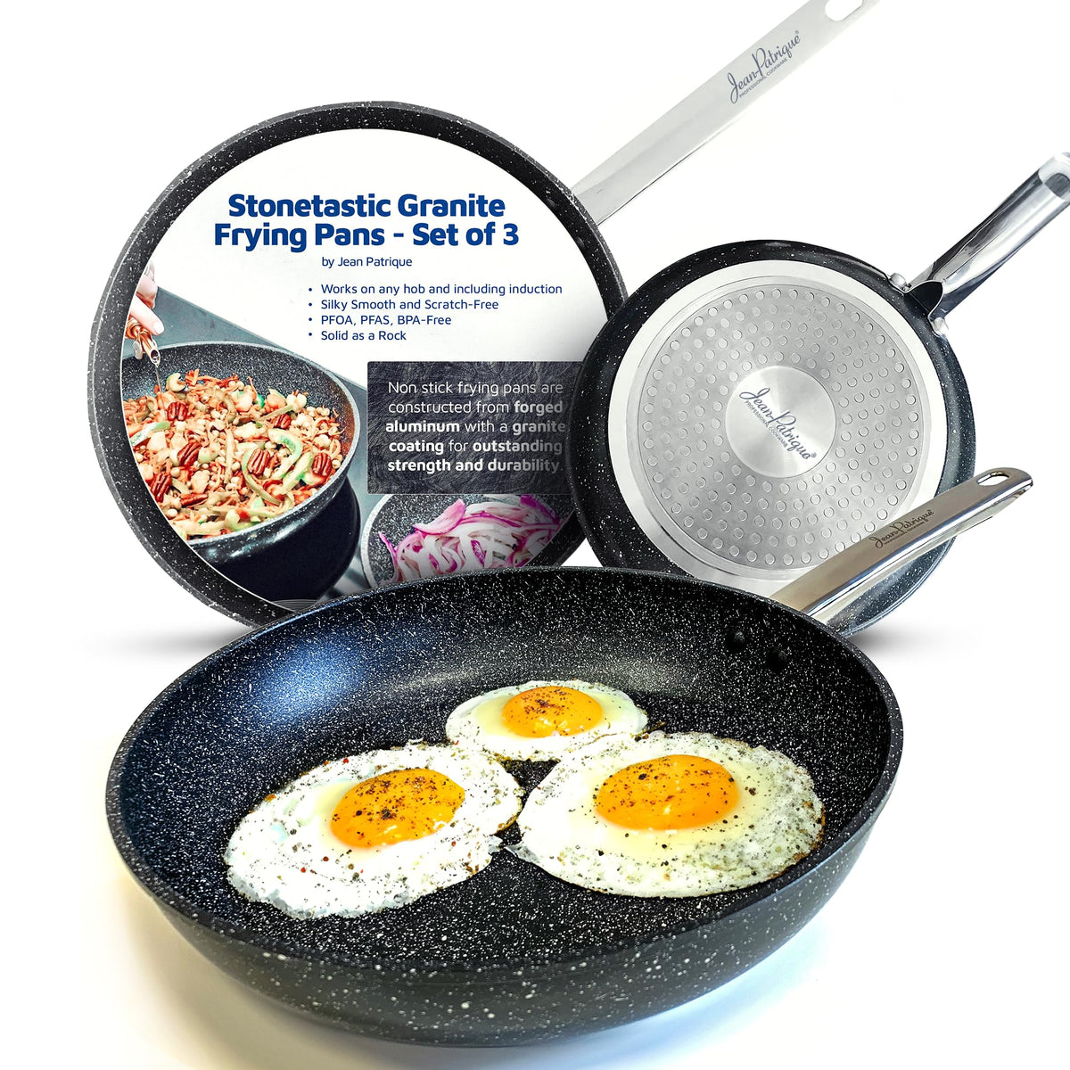 Jean-Patrique Granite Non Stick Frying Pans - Stainless Steel Pan Set Of 3 - Induction Omelet Pan - Induction Cookware For All T