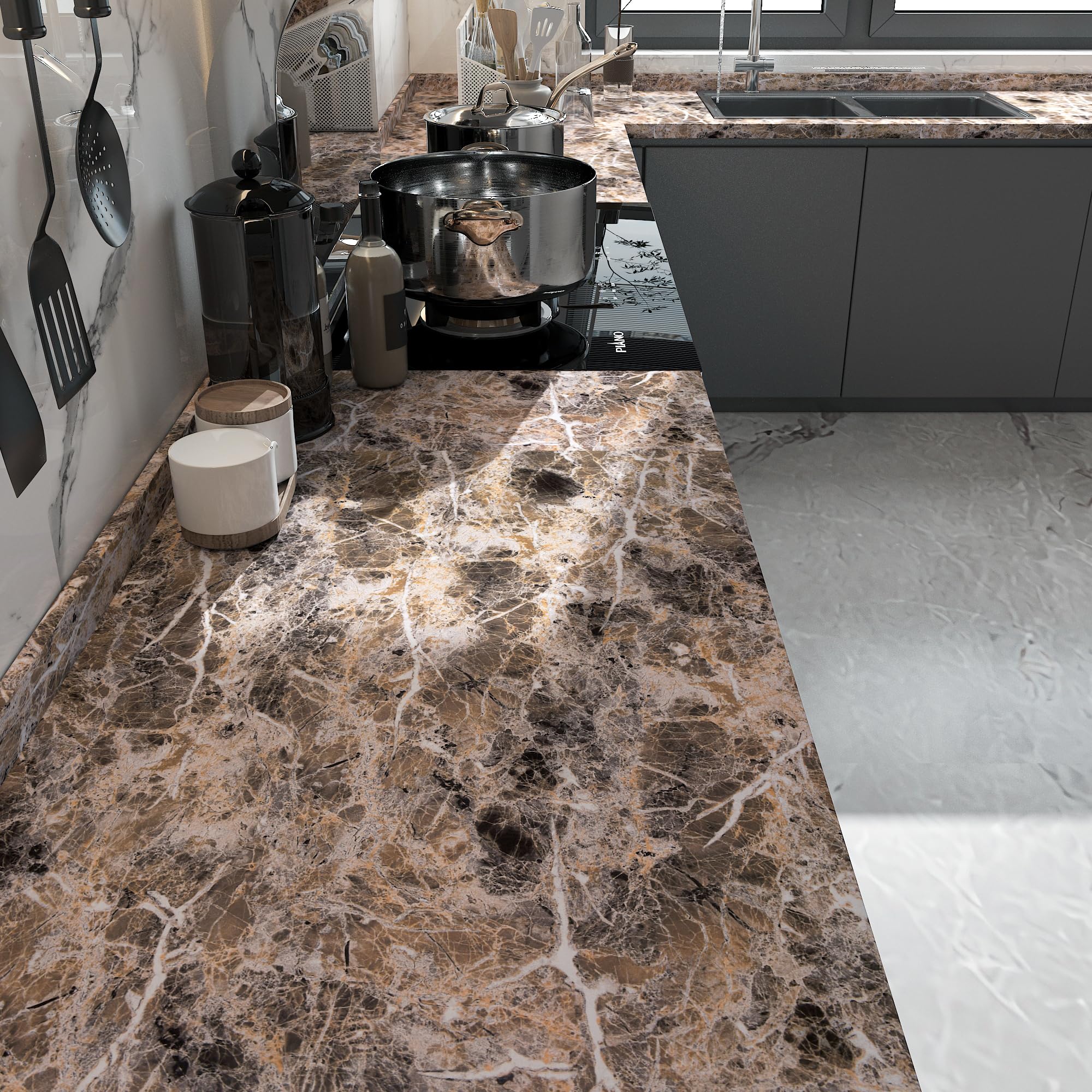 BAYYA Brown Marble Contact Paper Peel and Stick Wallpaper for Kitchen Cabinets Bathroom Granite Countertop Sticker Vinyl Film Self Adhesive Counter Top Covers Waterproof Furniture Decorative Paper