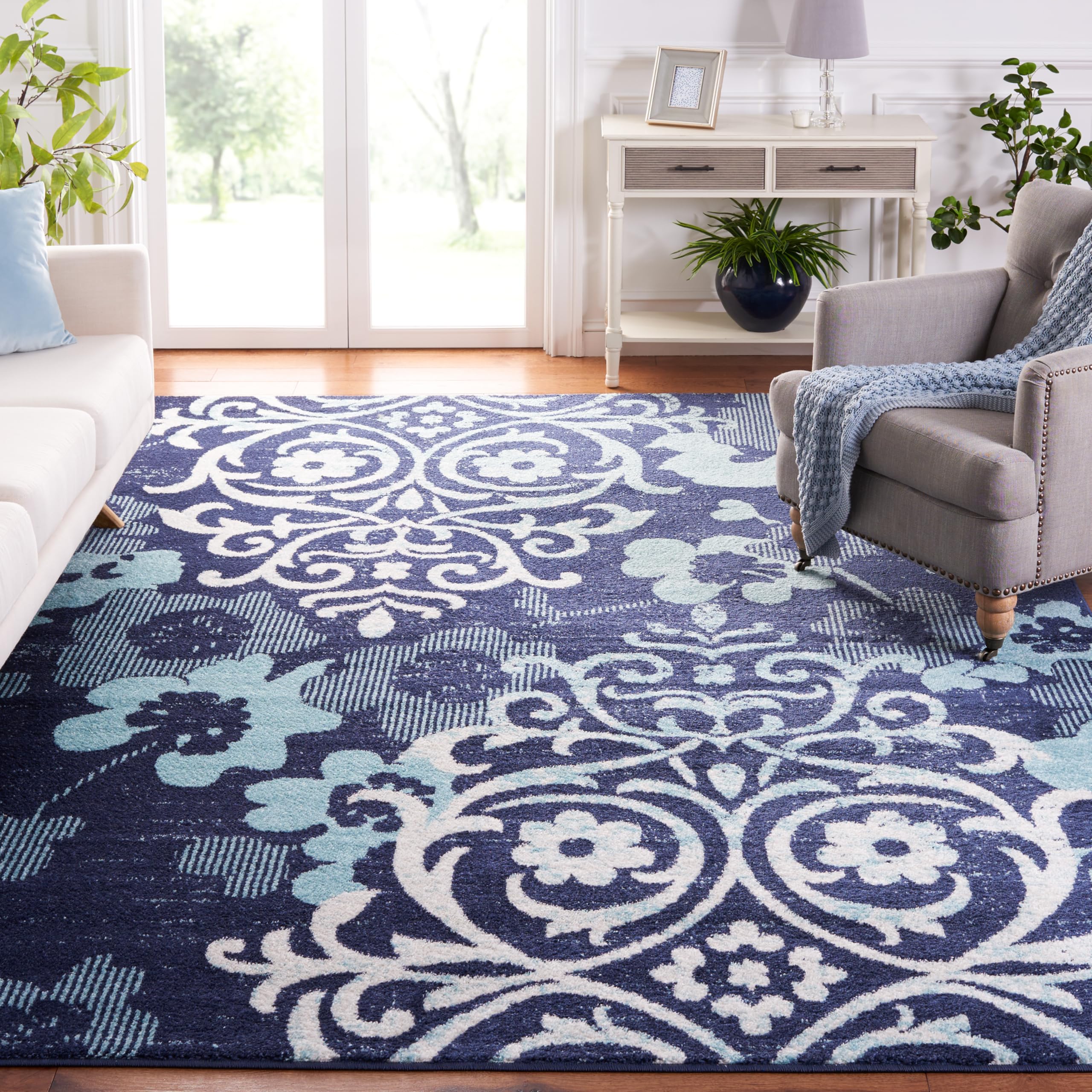 SAFAVIEH Adirondack Collection Area Rug - 9 x 12, Navy & Aqua, Floral Glam Damask Distressed Design, Non-Shedding & Easy Care,