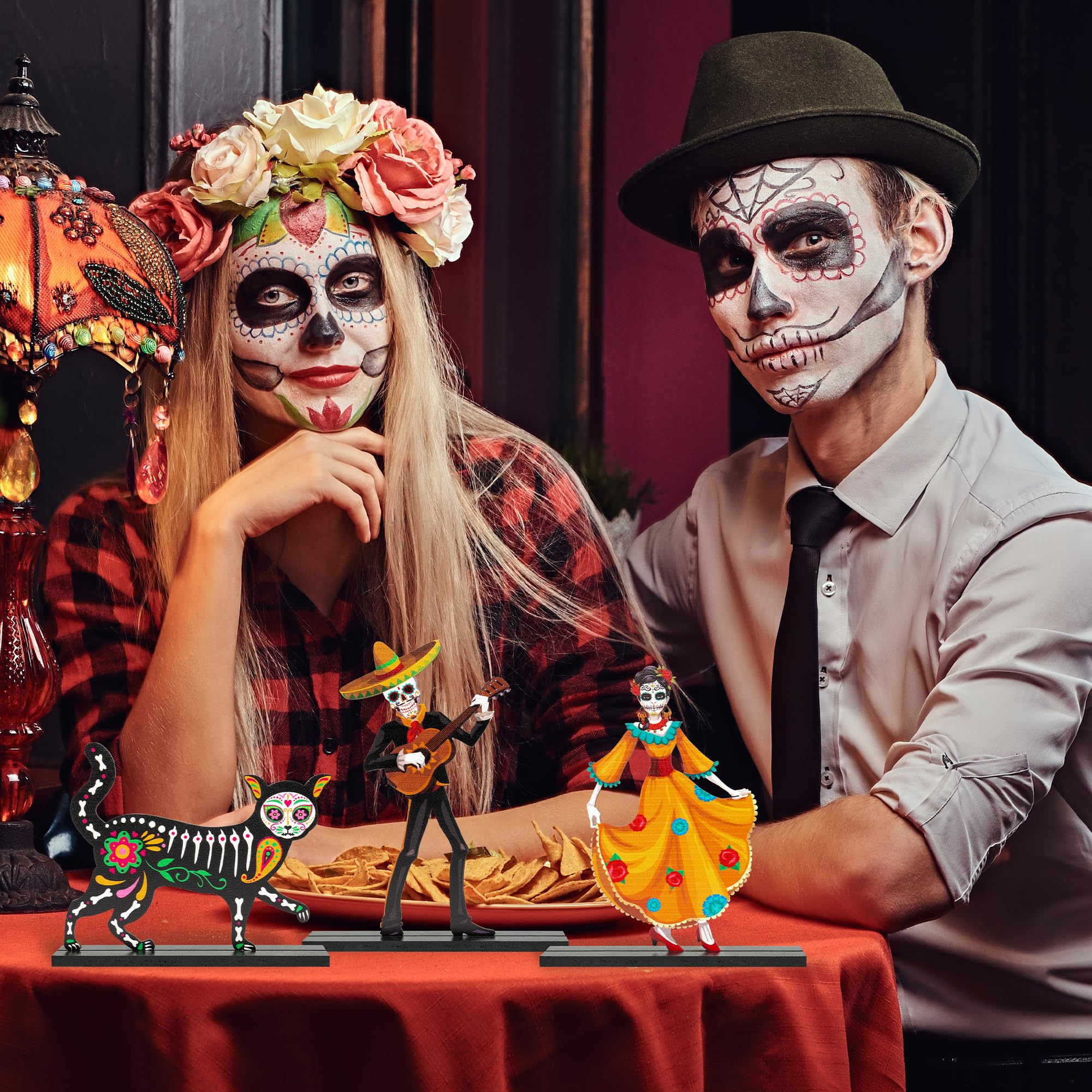 WATINC 5pcs Day of the Dead Wooden Centerpiece Table Decorations, Dia De Los Muertos Mexican Halloween Table Topper, Detachable