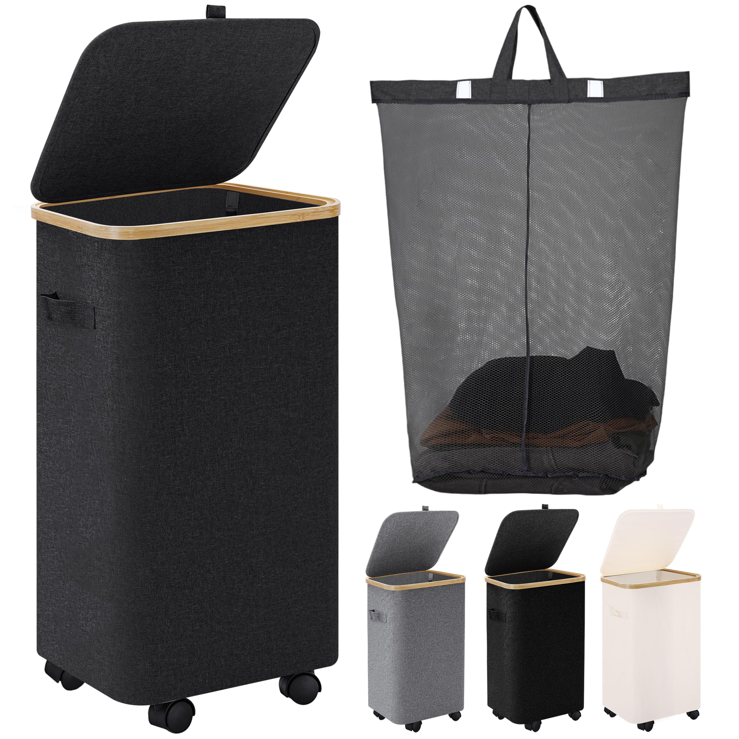 Black Laundry Hamper With Lid And Wheels,Rolling Laundry Basket With Handles Foldable Dirty Clothes Hamper Wheeled Laundry Hampe