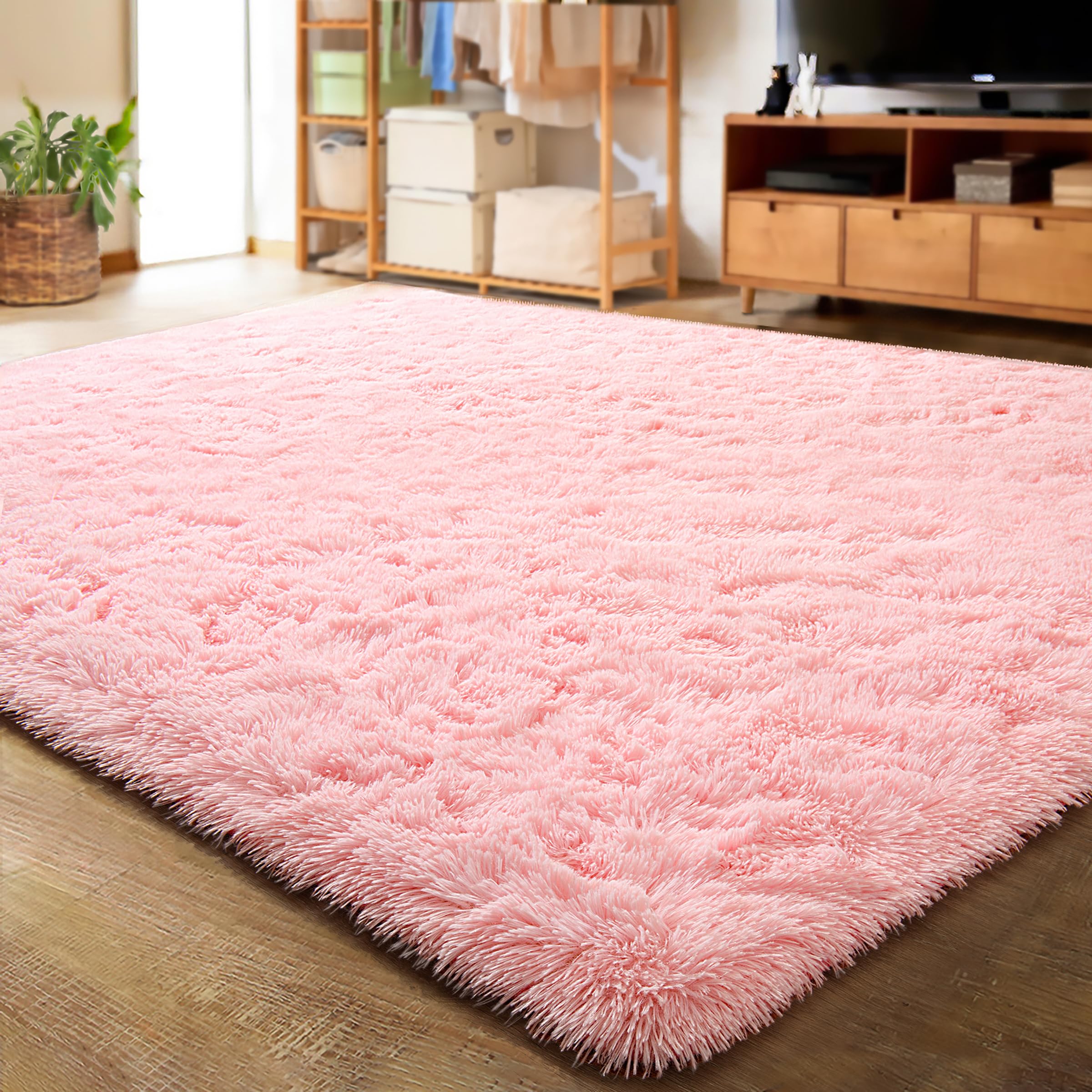 LOCHAS Ultra Soft Indoor Modern Area Rugs Fluffy Living Room Carpets for Children Bedroom Home Decor Nursery Rug 4x5.3 Feet, Pin