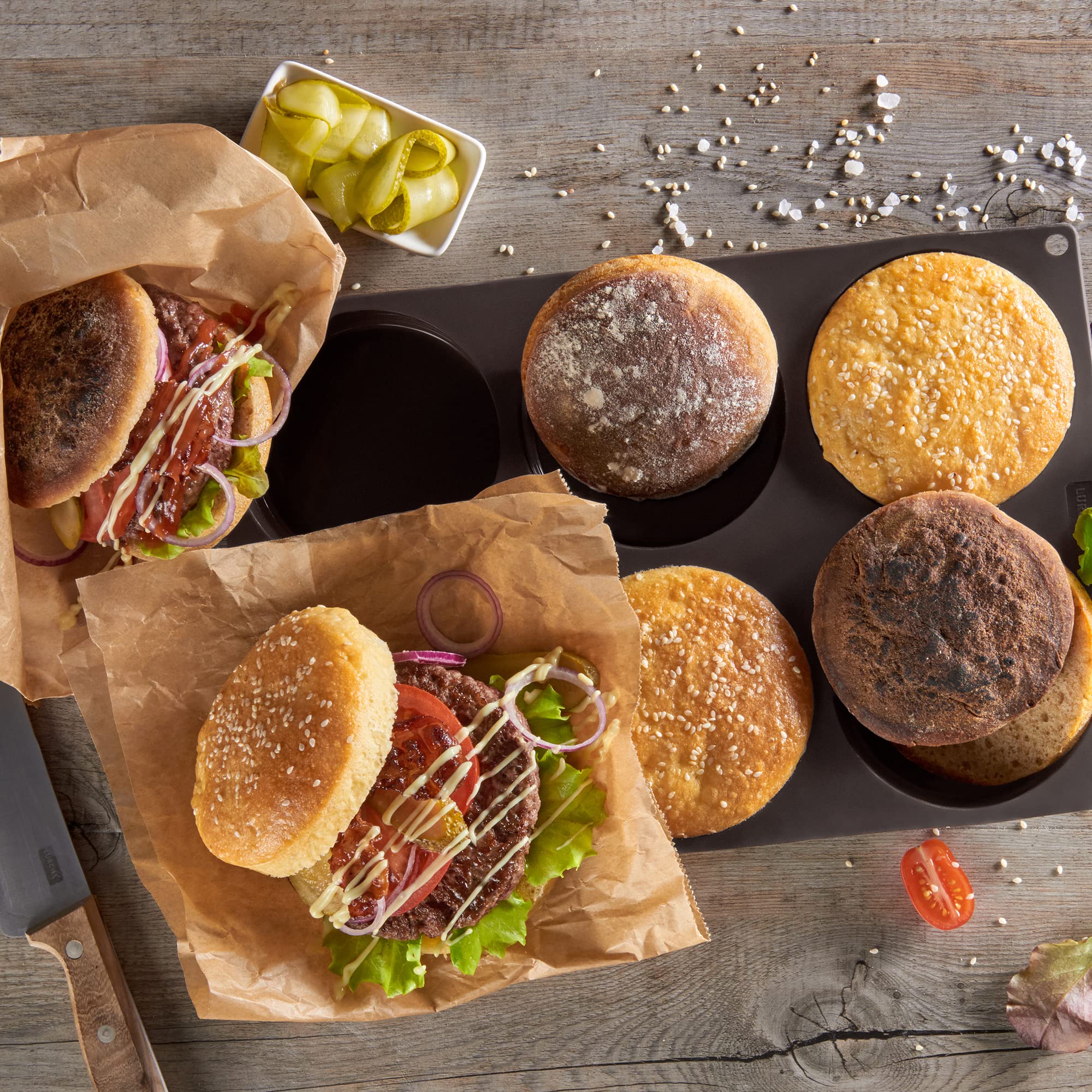 Lurch Germany Flexiform Non Stick Silicone Hamburger Bun Baking Pan | Perfect Mold For Little Cakes Or Bread | 6 Cavities For Bu