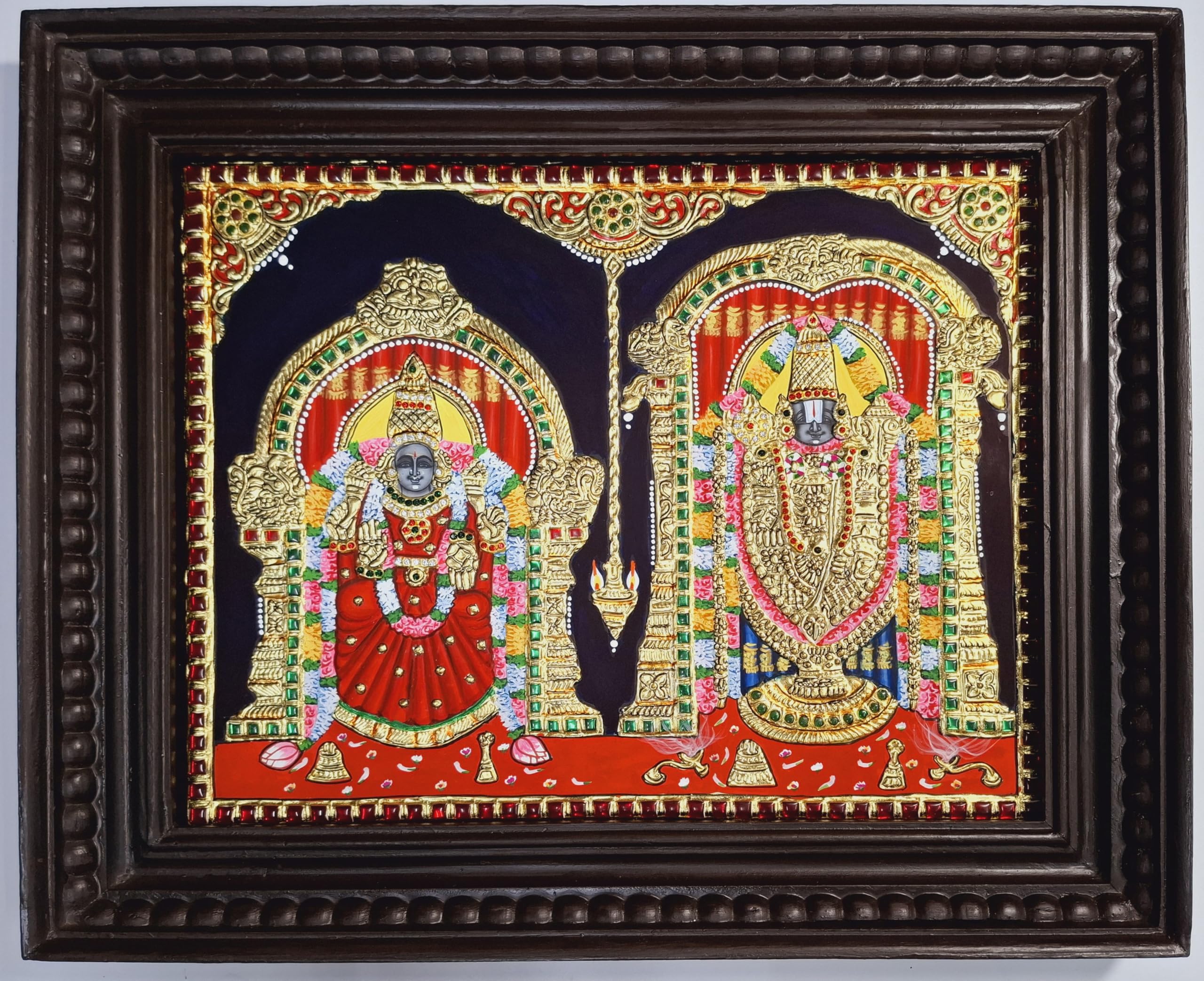 Jline Arts Wood Wall Hanging, Tanjore Painting Balaji Padmavathi, Multi-Color, Hand Painted, 22C Gold Foils Work, Teakwood Frame
