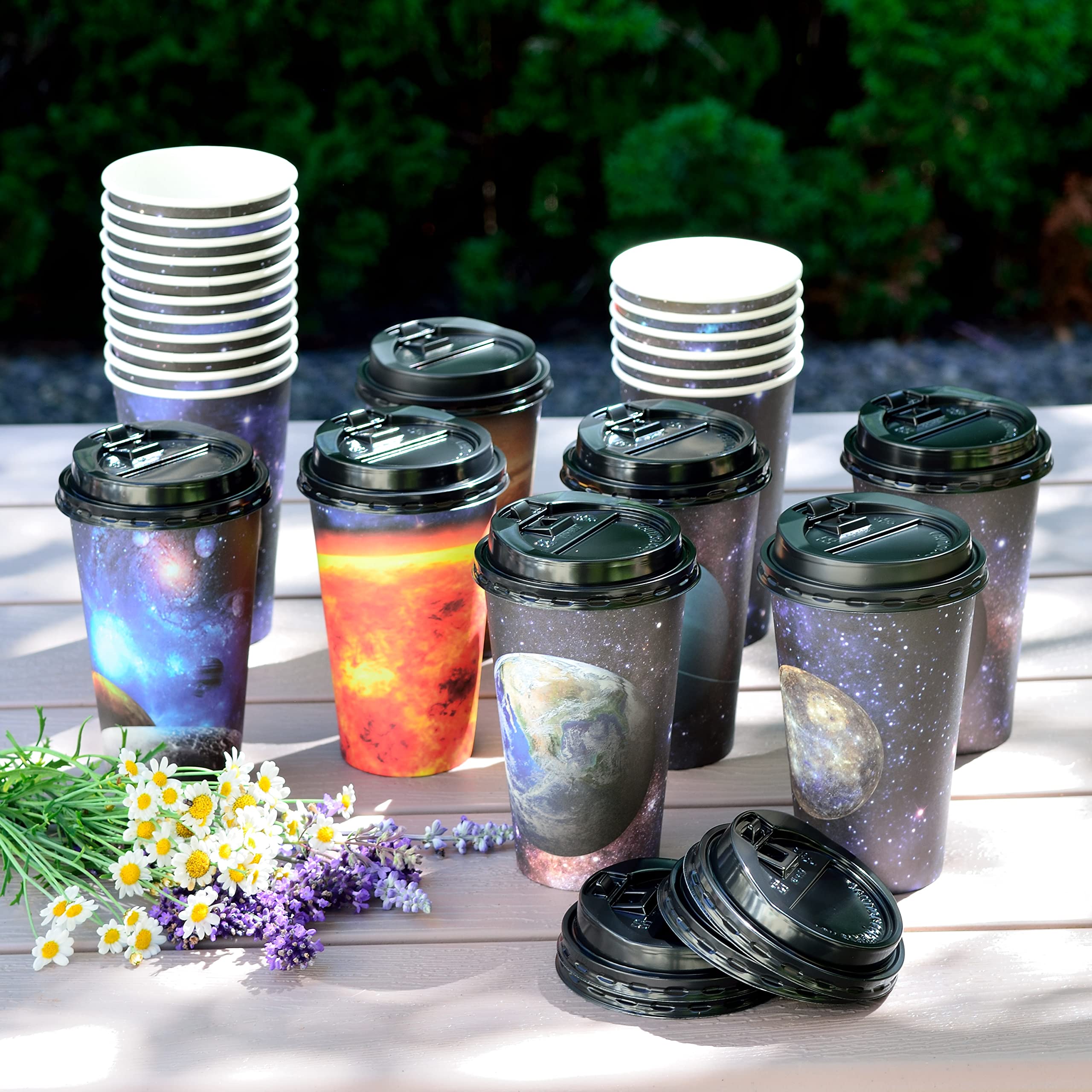 Youngever 72 Sets Disposable Coffee Cups With Lids, To Go Hot Coffee Cups, Durable Paper Cups With Lids (Planet Theme Design)