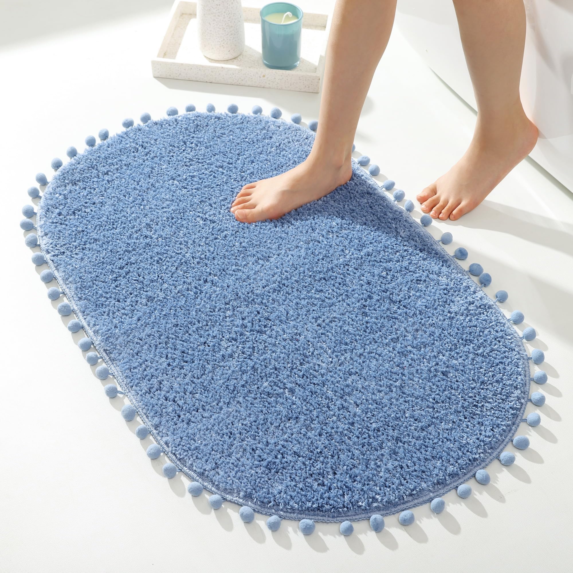 Yirddeo Blue Pom Bath Rug For Bathroom Non Slip, Cute Boho Pom Oval Absorbent Shower Mat, Plush Soft Washable Rug (20X30 Inches)