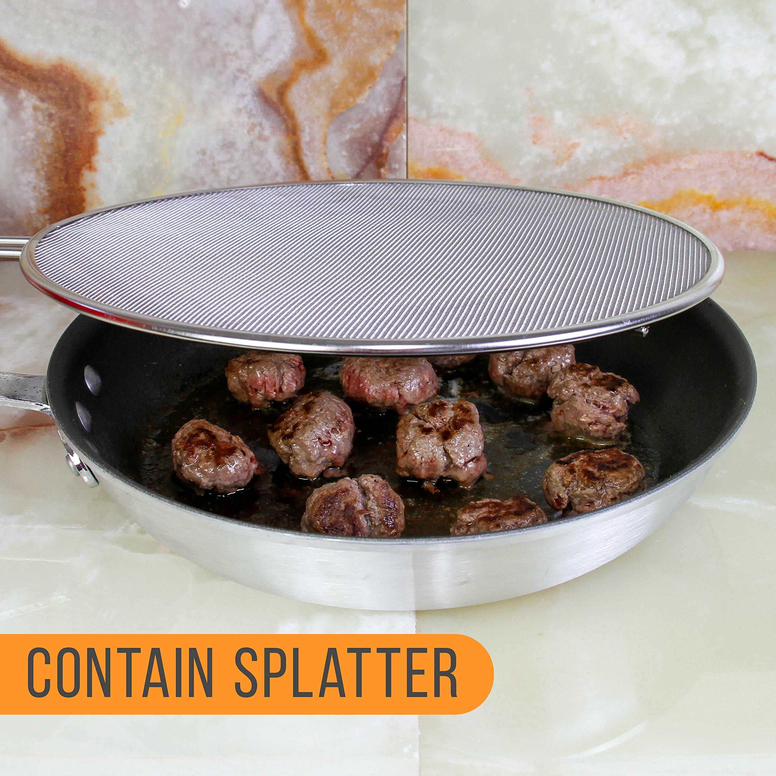 U.S. Kitchen Supply 13 Stainless Steel Fine Mesh Splatter Screen With Resting Feet & Black Comfort Grip Handle