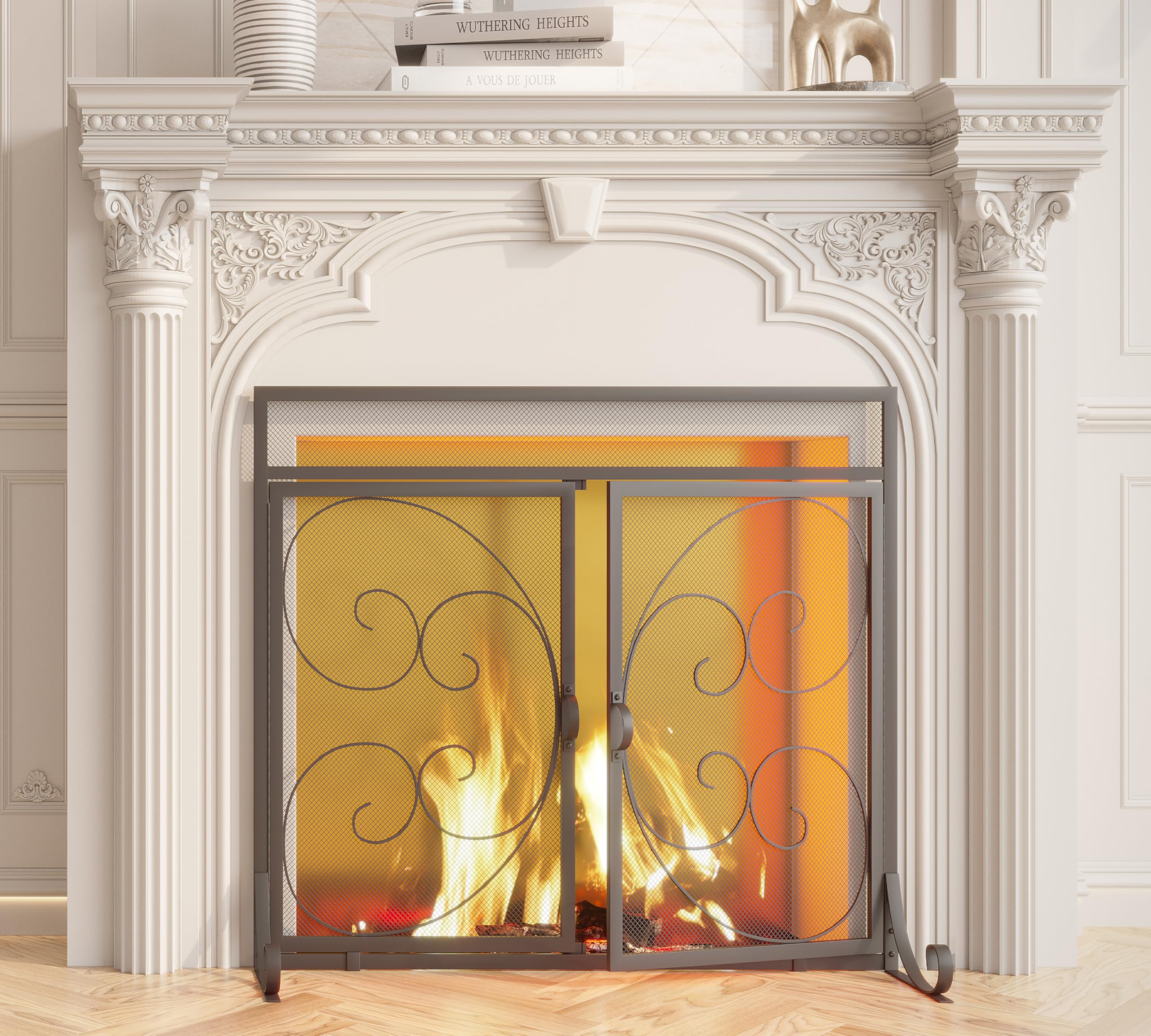Kingson Flat Fireplace Screen With Hinged Doors Handcrafted Wrought Iron Classical Scroll Durable Metal Mesh Decorative Free Sta