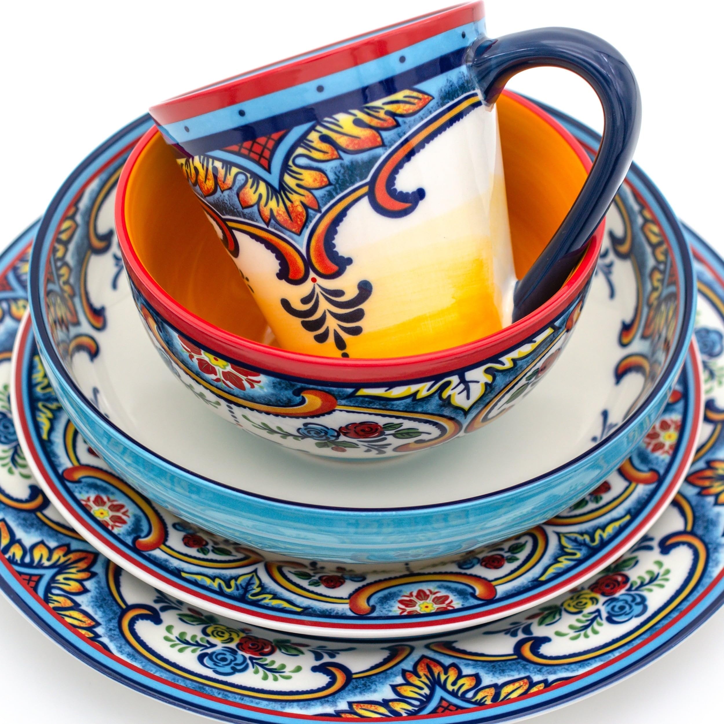 Euro Ceramica Zanzibar Collection Vibrant 20 Piece Oven Safe Stoneware Dinnerware Set, Service For 4, Spanish Floral Design, Mul
