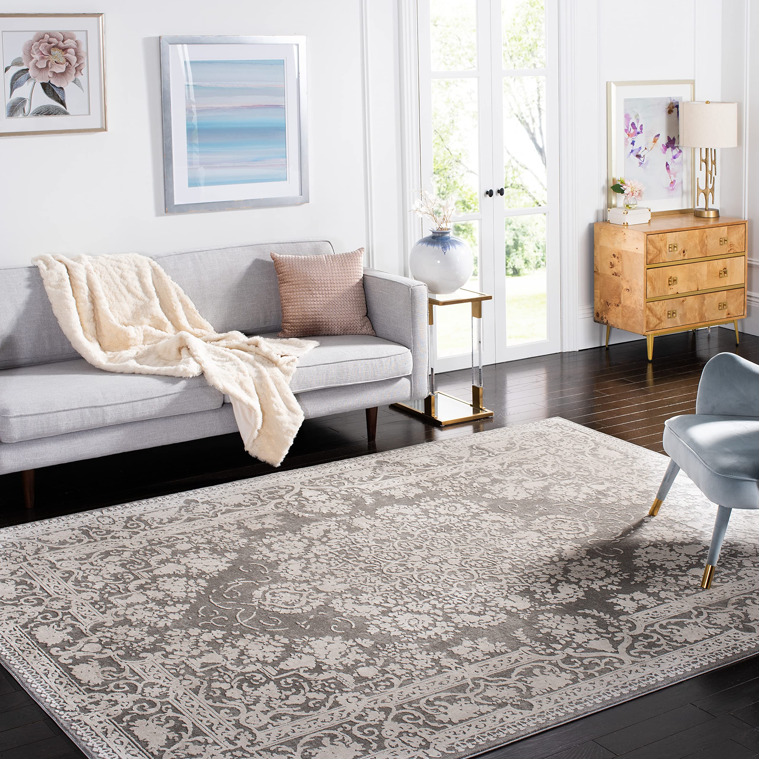 SAFAVIEH Reflection Collection Area Rug - 9 x 12, Dark Grey & Cream, Vintage Distressed Design, Non-Shedding & Easy Care, Idea