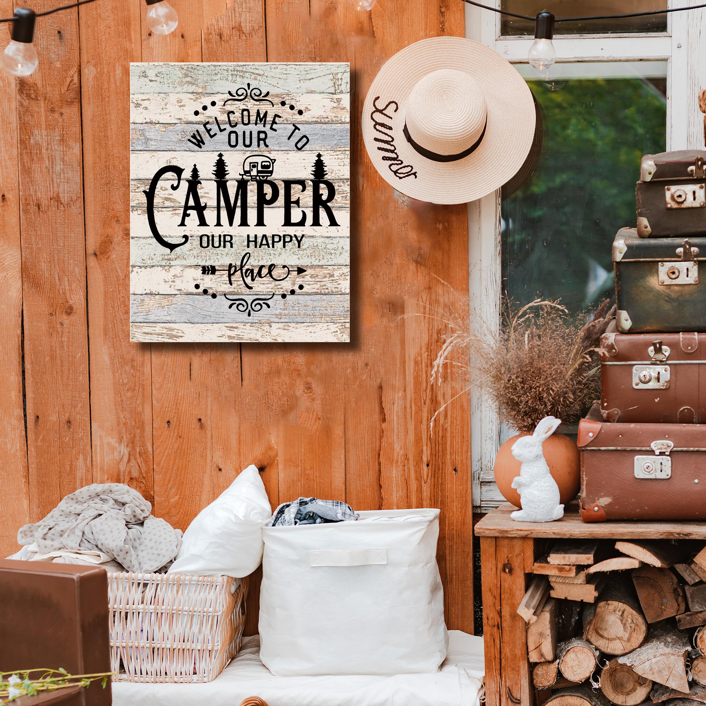 Welcome To Our Camper Our Happy Place Canvas Wall Art Prints Artwork Signs Framed For Rv Room Bathroom Trailer Decor, 11 X 14 In