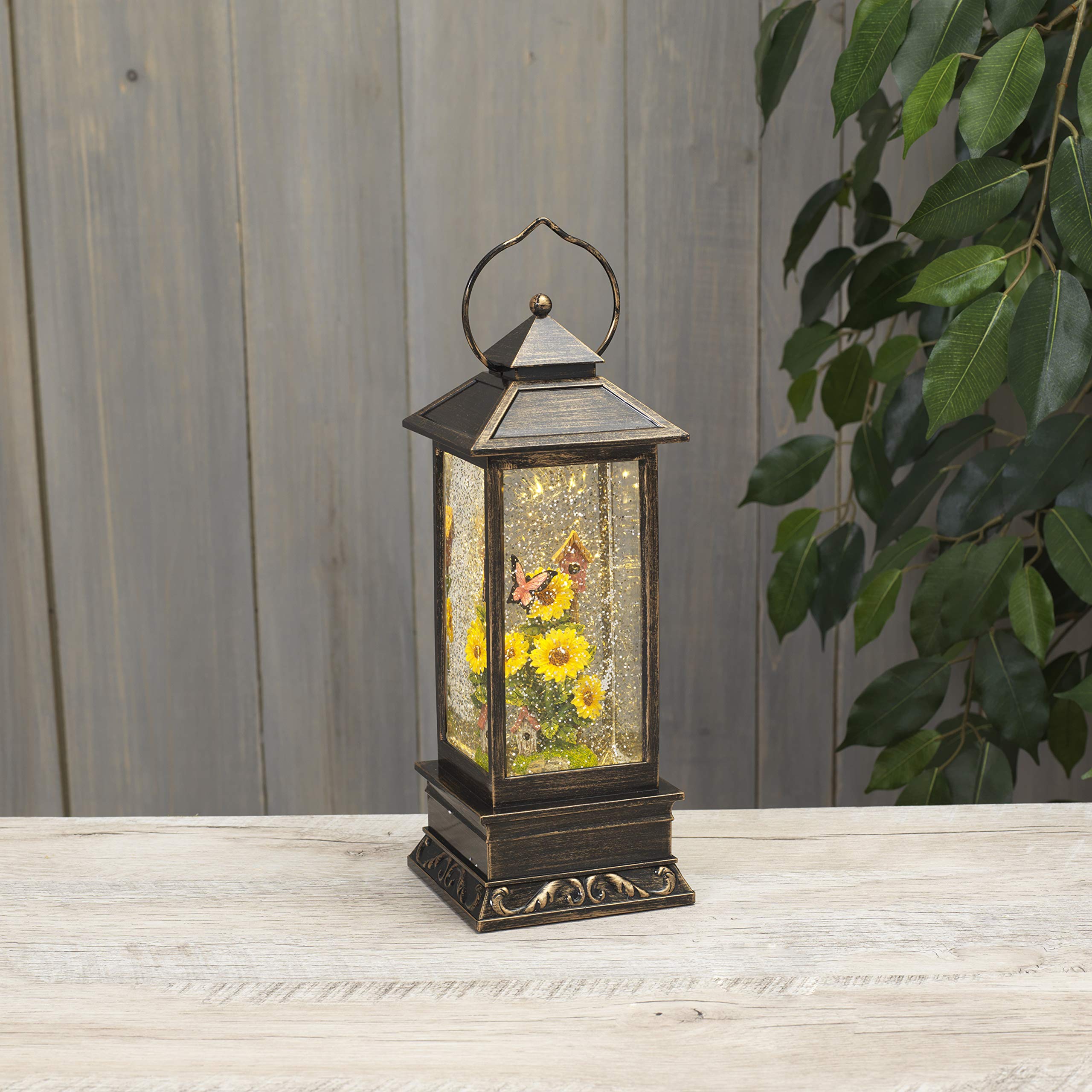 Garden Sunflower and Butterfly Lighted Water Lantern with Timer, Battery Operated, 10.8 Inches High (Pink, Green, Yellow, Bronze