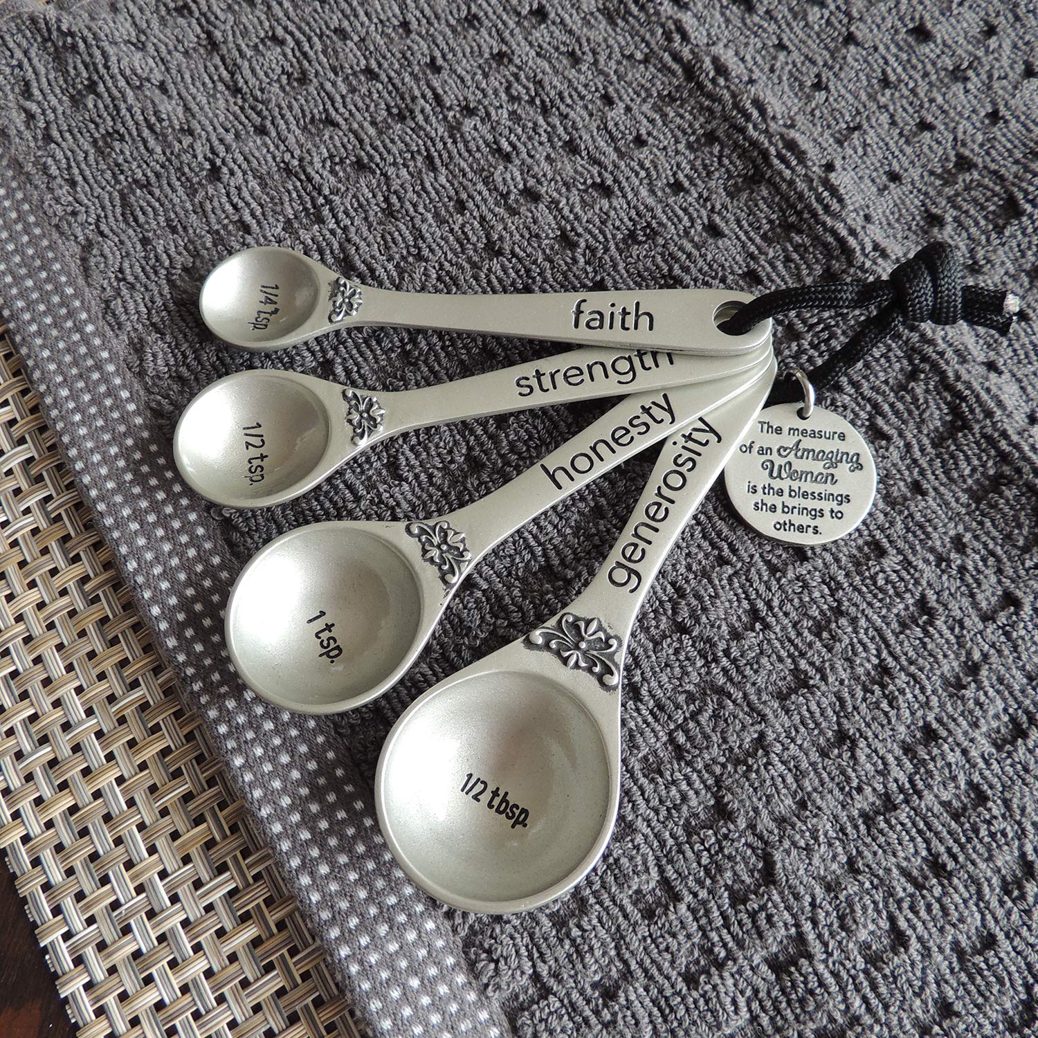 Amazing Woman Measuring Spoon Set, Decorative Gifts And Kitchen Accessories, 4 Spoons, Engraved Pewter And Silver Enamel, By Abb