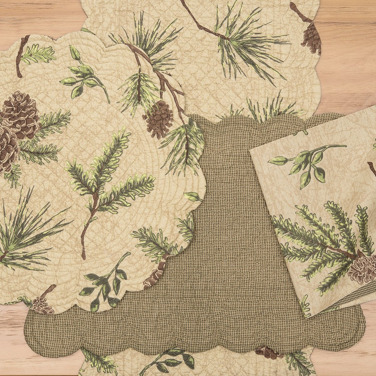 C&F Home Placemat Rectangular 100% Cotton 13"x19" Scalloped Tan Pinecone & Pine Needles Reversible Machine Washable