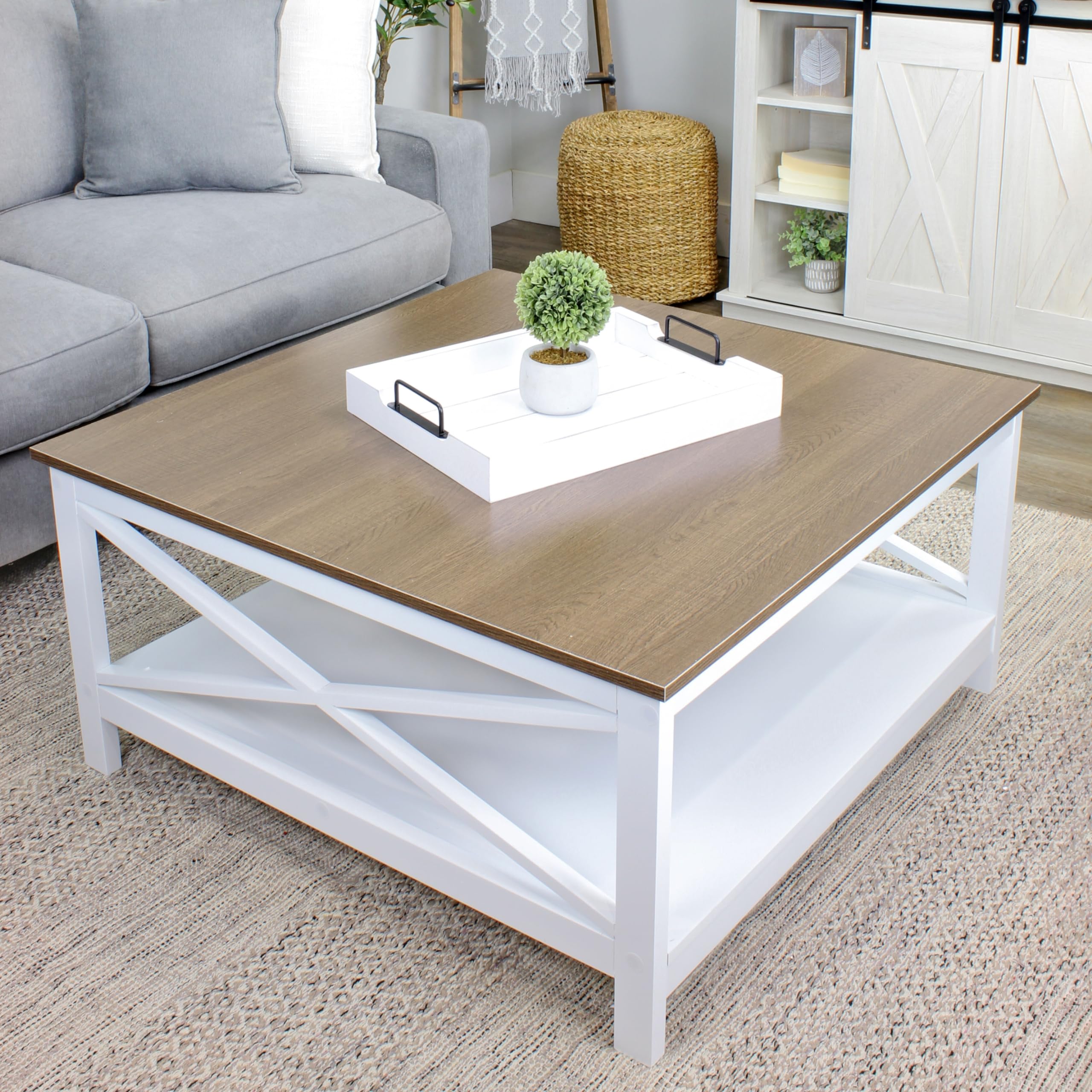 Auldhome Rustic Wood Serving Tray (White); Wooden Farmhouse Shiplap Decorative Ottoman Tray With Black Metal Handles, 16.75 X 12