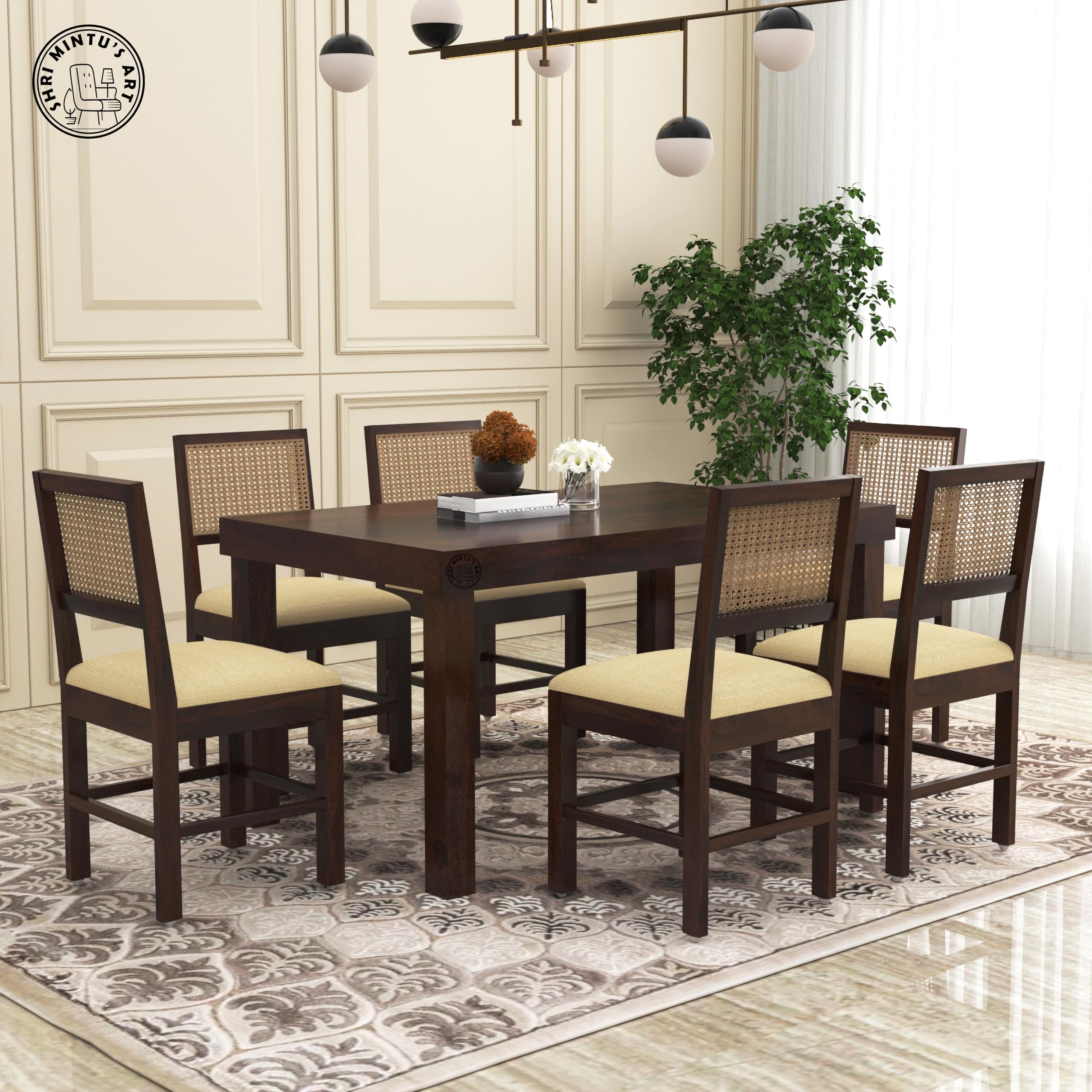 Shri MintuS Art Wooden 6 Seater Dining Table Set | Six Seater Dinning Table With Cushioned Chairs For Home | Dining Room Furnit