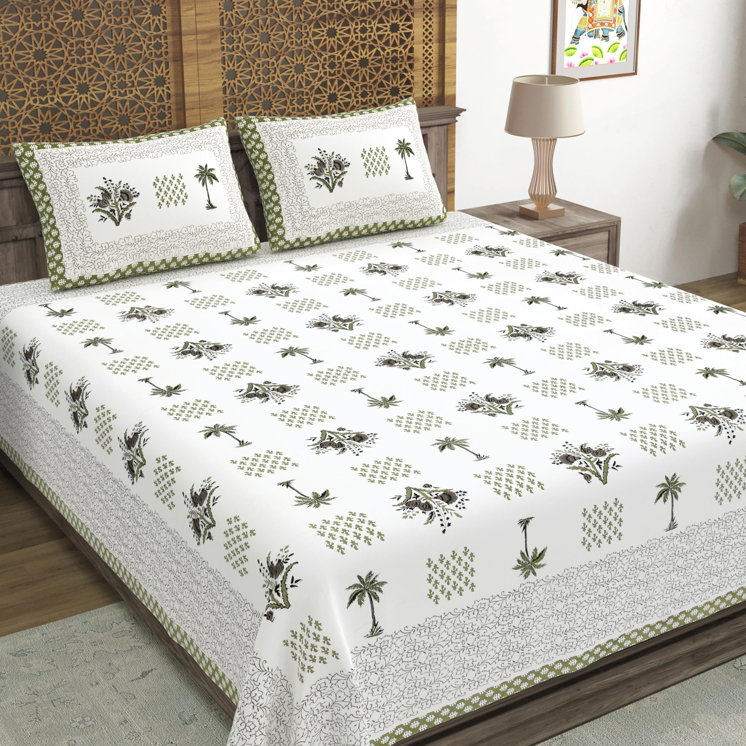 Blocks Of India Hand Block Printed 300 Tc Cotton Super King Size Bedsheet(106 X 106) (Tree Green)