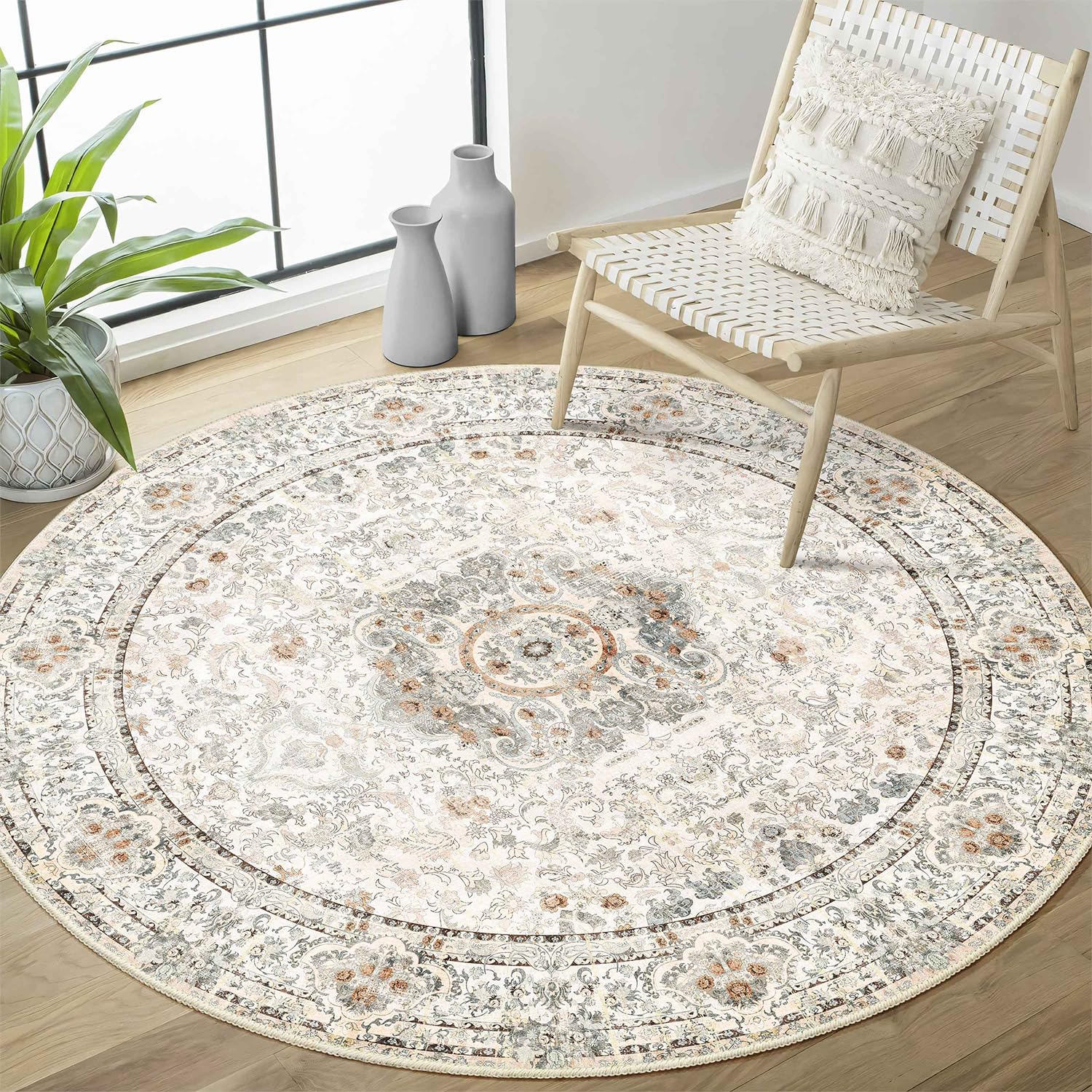 Castage Boho Round Rug 4ft,Washable Circle Area Rugs for Bedroom Bathroom Entryway,Beige Vintage Bohemian Distressed Oriental Fl