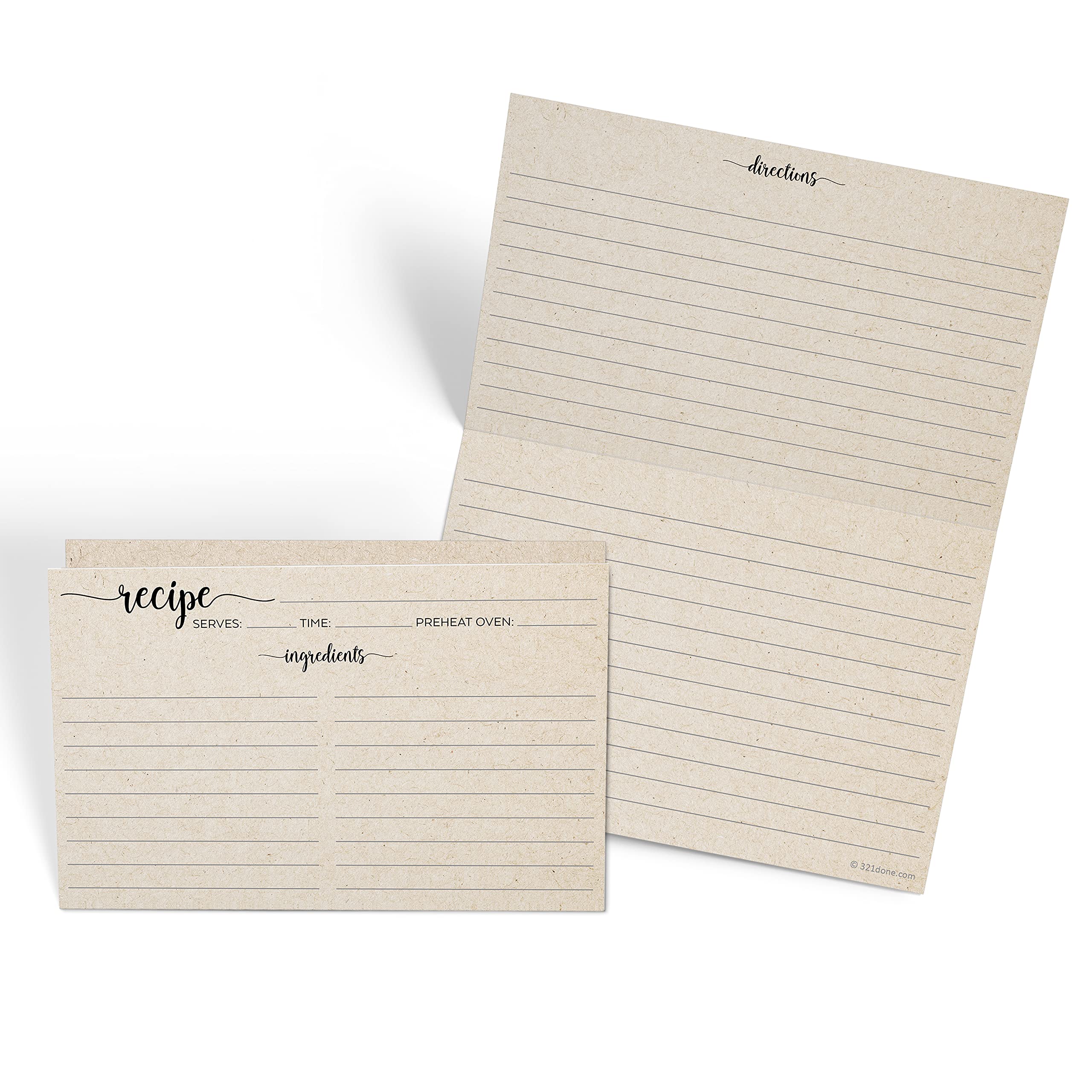 321Done Folding Recipe Cards (Set Of 50) X-Large - Made In Usa - Folds To 4X6 From 8X6 - Rustic Kraft Minimalist - Retro Vintage
